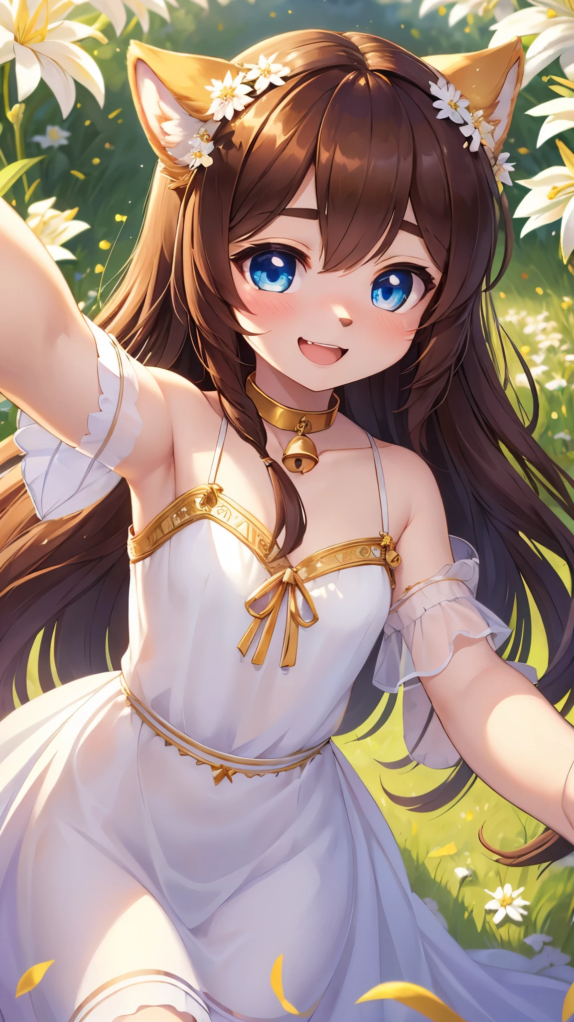 best quality,best resolution,extreme detailed,(young 1.6), dog girl,small breasts,dark brown long hair,wavy hair, blue eyes, glister eyes, sparkle eyes, gold canine ears, gold fur, flower hair ornaments,small bell collar, girl buried among white lilies of the valley,orange lillies,purple violets, hair waving in the wind,white lilies ornaments frame,romantic light,white transparent camisole,see through,looking at viewer,naughty face,naughty smile,full face blush,blend art,mixture art,desing art,16k,white lilies surrounded,two hand selfie,upper body only.open mouth,laughing,heart eyes,heart expression eyes