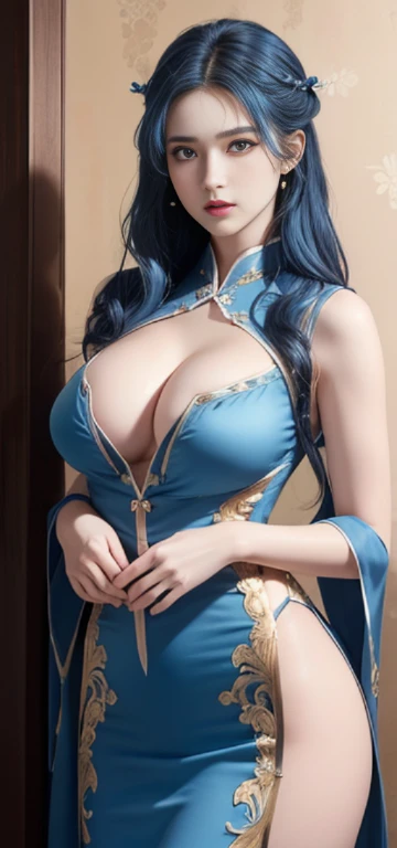 (Hyperrealistic), (illustration), (high resolution), (8K), (Extremely detailed), (Best Illustration), (Beautiful detailed eyes), (Best quality), (Ultra-detailed), (Masterpiece), (the wallpaper), (Photorealistic), (Natural light), (rim lit), (Detailed face), (Highly detailed realistic skin textures), (Anatomically correct), (Solo), (1 girl), (high detailed realistic hair), (Blue hair:1.2), spiked hair, (Heterochromic eyes), (detailed green eyes), (Small moles under the eyes), (Realistic big breasts:1.5), (Exposed breasts:1.3), (Long legs), (Slender abs), (Dynamic pose), (Closed mouth:1.3), (traditional Hanfu attire), (Sheer clothes:1.5), NSFW,nakeness,Bare lower body,Bare breasts,Camel toes,bikini, ((show breast, show nipples, clean areola))