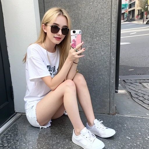 very beautiful young blonde girl in sunglasses,topic,himself,jeans shorts,White sneakers,takes a selfie 🤳