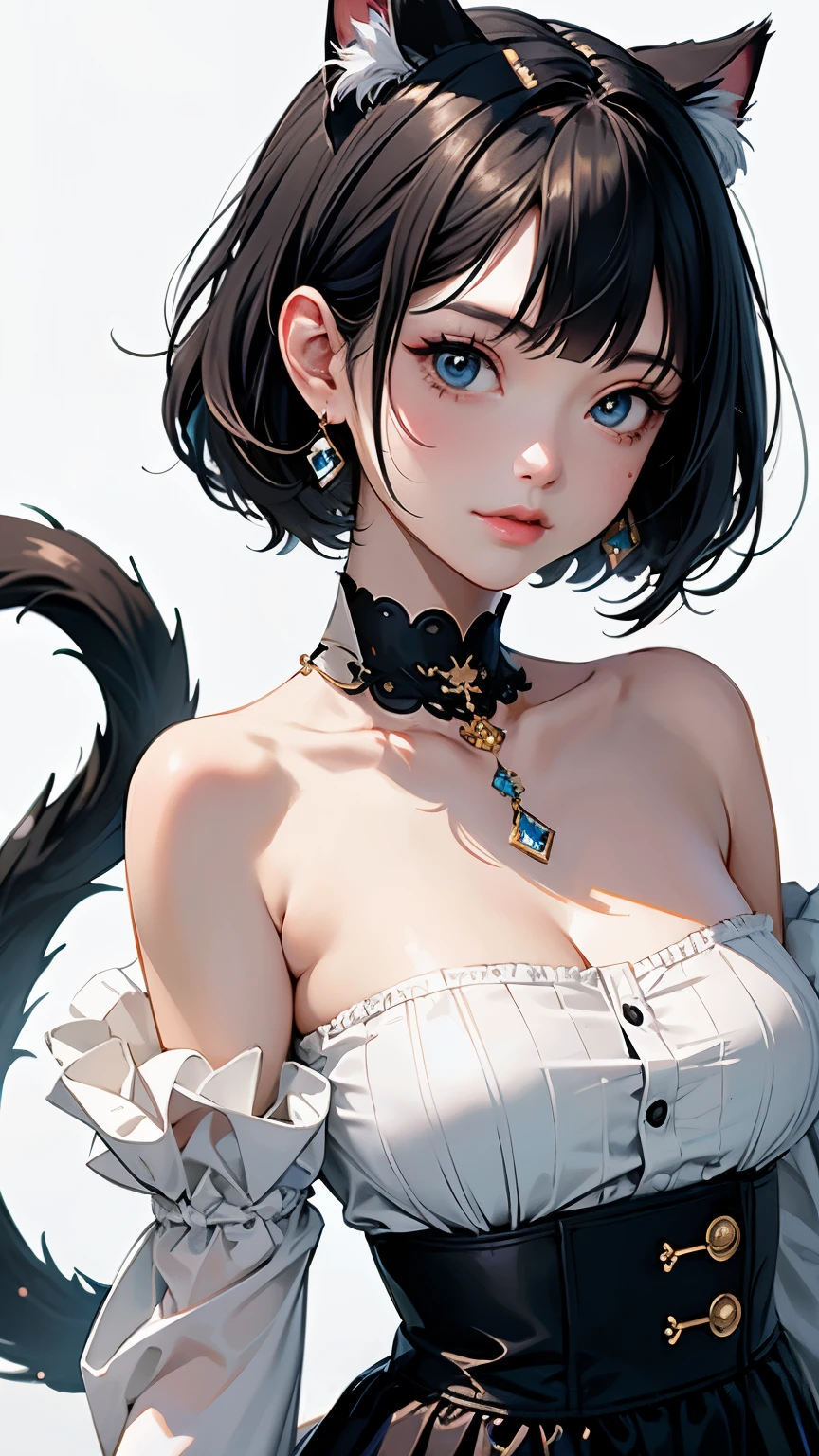 (highest quality, masterpiece, High resolution)、(anime art)、,cinematic light、soft light、girl、black hair、Calico costume、loose shirt、Cat ear、bob cut、hair ornaments、choker、enchanting smile、Medium chest、cat pose、Cat jarashi、((white background))、