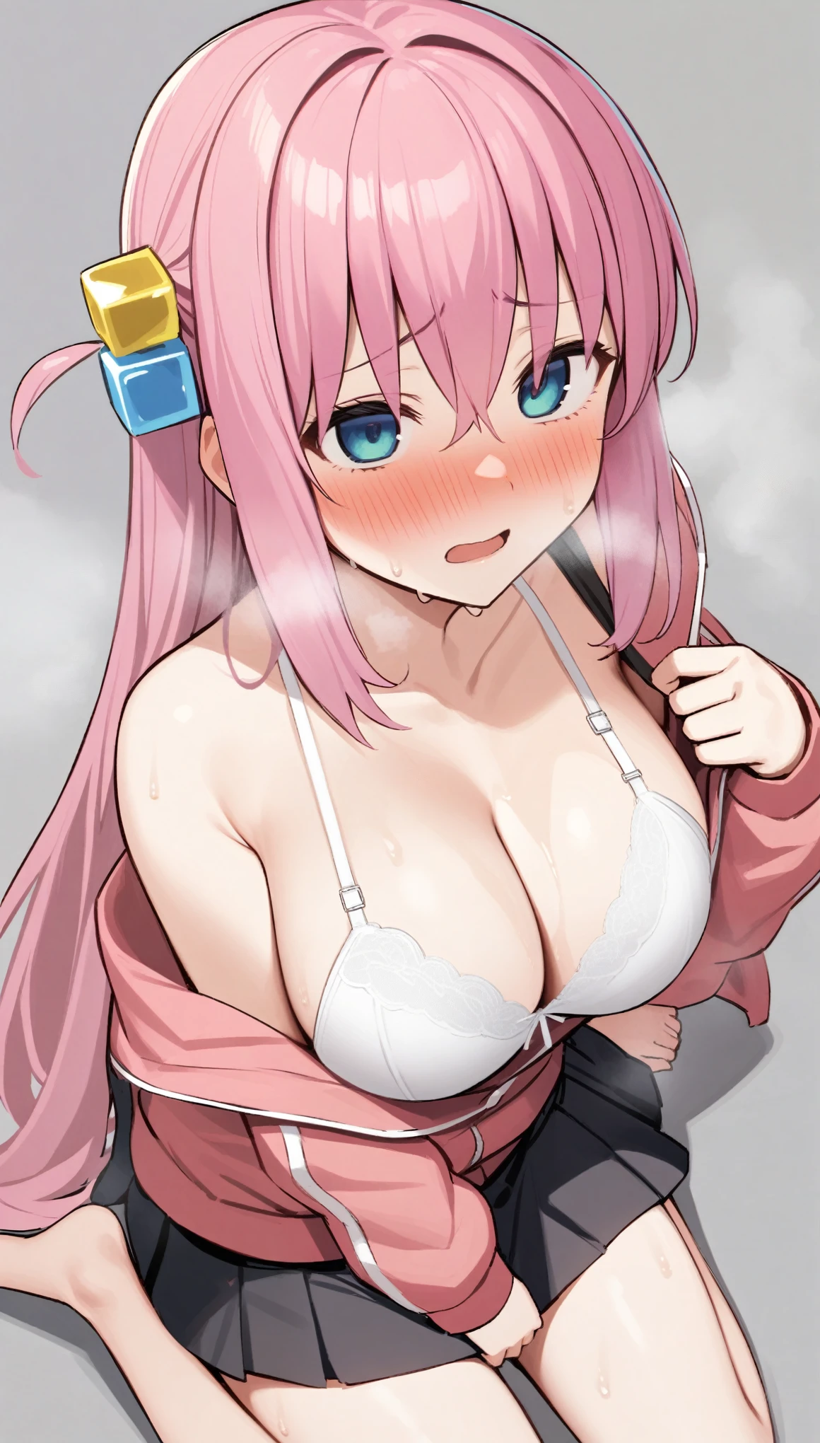 GOTOHDEF, ONE SIDE UP, CUBE HAIR ORNAMENT
PINK JACKET, TRACK JACKET,black SKIRT, sweating,steam,heavy breathing,steam,blush,Wariza,from above,((jacket half off shoulder)),shoulder,white bra,cleavage,