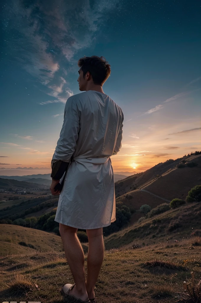 
A young man stands on a hilltop, his back to the viewer. He's dressed in a simple tunic, and he's carrying a staff in his hand. In the background, a colorful sky is filled with swirling clouds, and the sun is setting in the distance. In the foreground, a glowing ball of light floats in front of the man, casting a soft, ethereal glow around him. In bold, elegant letters, the words "The Mysteries of Immortal Qi" are written across the top of the cover. The overall effect is one of mystery and adventure,