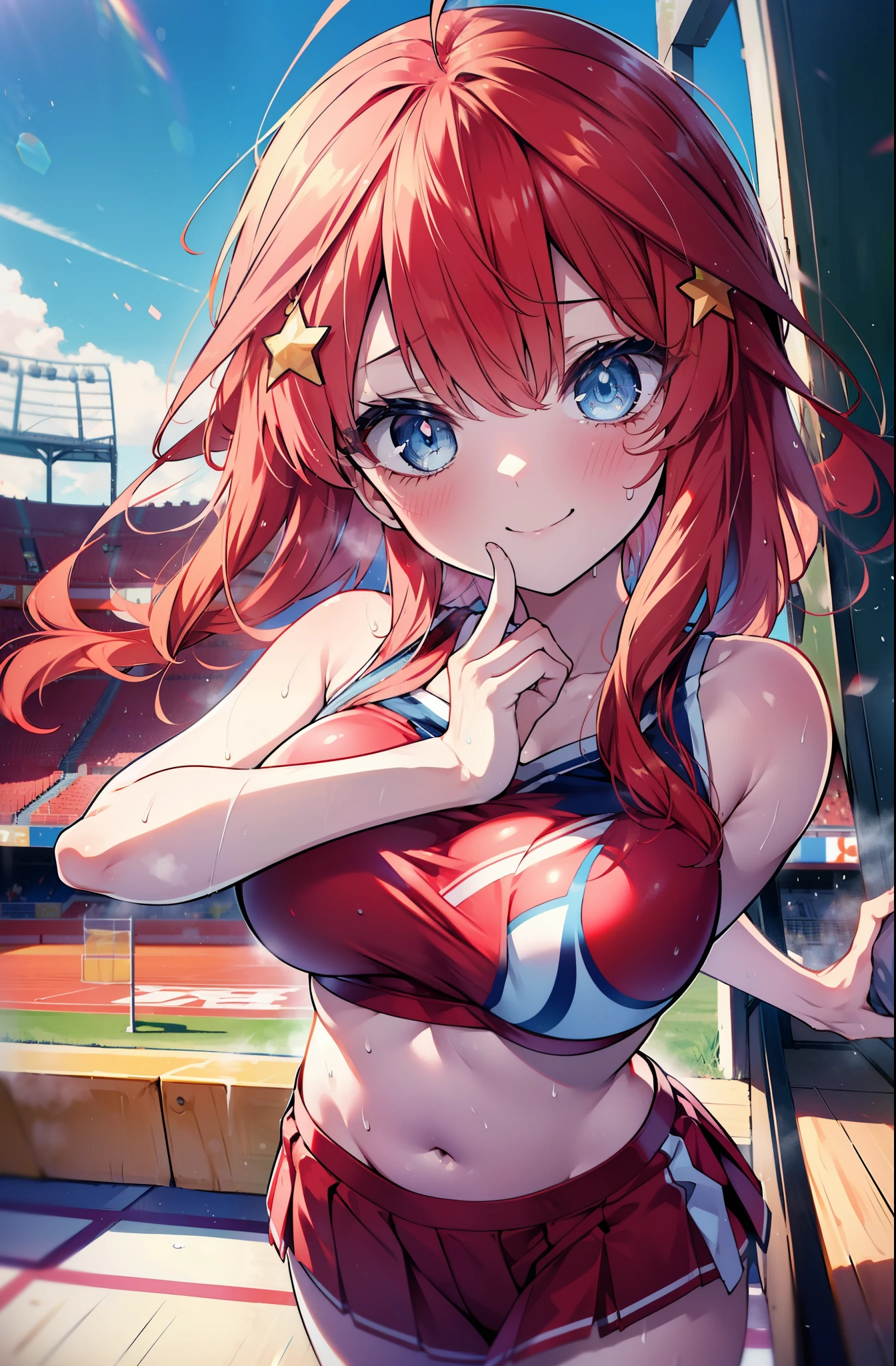 itsukinakano, itsuki nakano, bangs, blue eyes, hair between eyes, Ahoge, redhead, star \(symbol\), happy smile, smile, open your mouth,hair ornaments, star hair ornaments,(cheer leading), (whole body), big breasts, lower, (sweaty), sweaty Wet Clothes,()red clothes), , Navel support, playground, (jump), (jump), 足を曲げてjumpする, air, blue sky, Grass原, Smiling Cheerleader, pom pom \(cheer leading\), Grass, 
break outdoors, stadium,
break looking at viewer, (cowboy shot:1.5),
break (masterpiece:1.2), highest quality, High resolution, unity 8k wallpaper, (figure:0.8), (detailed and beautiful eyes:1.6), highly detailed face, perfect lighting, Very detailed CG, (perfect hands, perfect anatomy),