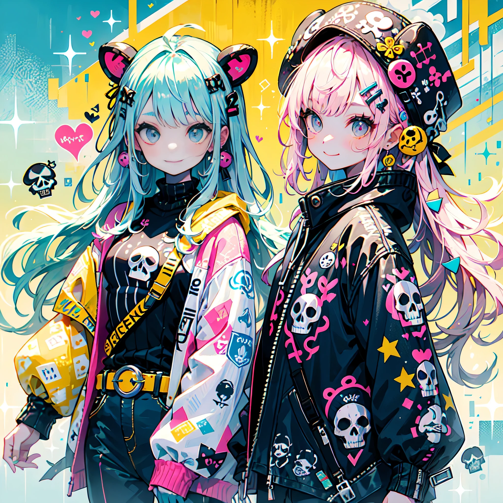 "cute, beautiful, Adorable girl wearing pink clothes, yellow, and baby blue color scheme. She is wearing a costume with a SKULL motif inspired by a female pirate.。.。.。.... her costume is fluffy and soft, Comes with decorative accessories such as hair clips. Embodying the vibrant and modern Harajuku fashion style。." 、best smile