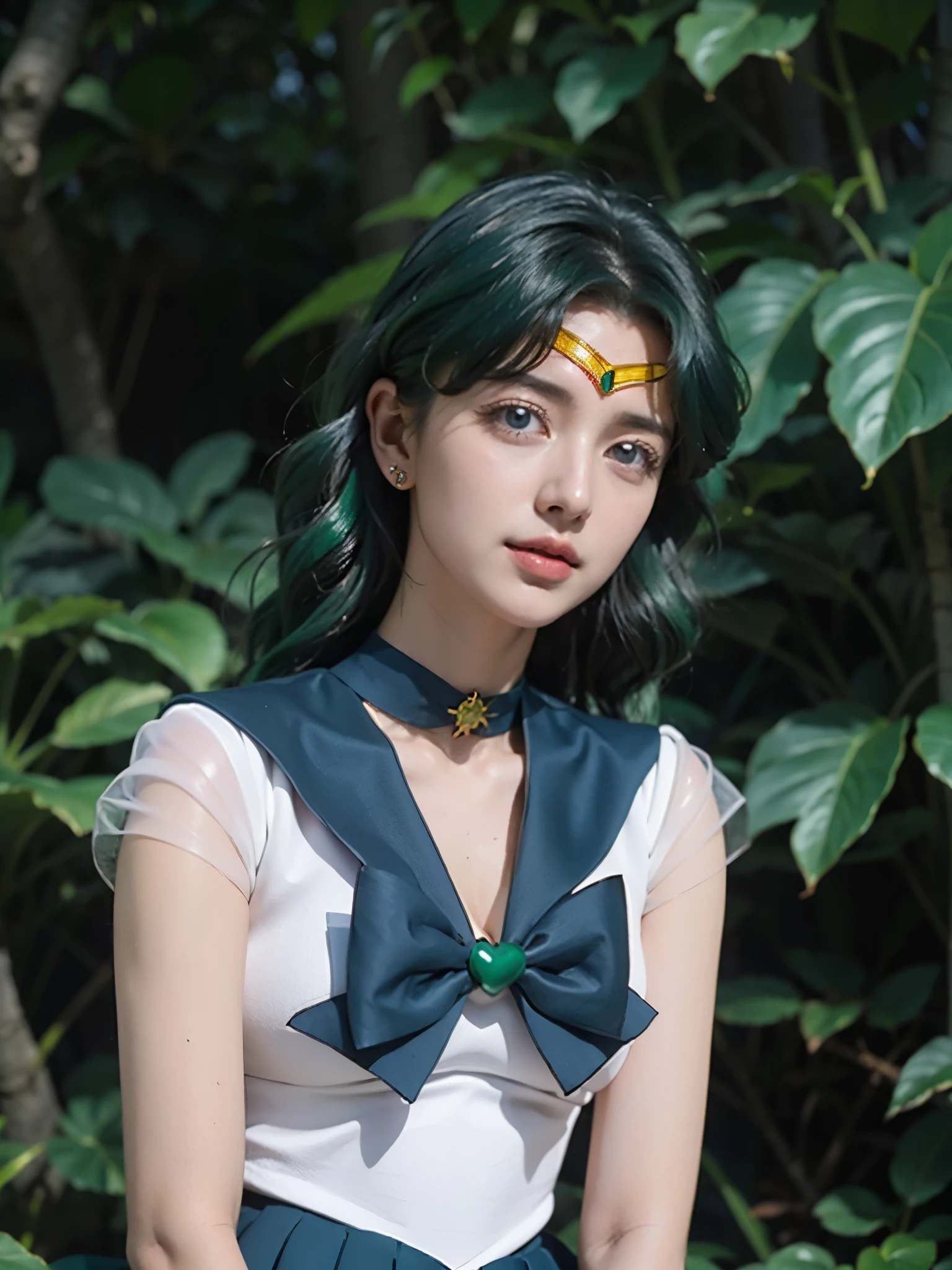 ((HD Real, Sama1 level)), extreme real, masterpiece, best quality, high quality, Sama1, space, amazing beauty, upper body shot, 1 girl, chest, Gloves, Lips, alone, Sailor Neptune, aqua blue eyes, uniform, See more1, tiara, 세일러 센시 uniform, (RAW photos, best quality), masterpiece, Floating dark green hair, Green Sailor Color, curtsey, choker, 흰 Gloves, green choker, elcurtsey gloves, bijouterie, earring, green skirt, Outsole, whole body, dark green medium hair, (perfect hands): 3.8, octane rendering, Goddess of the Sea, (enlargement: 1.2) beautiful eyes in detail, enlargement, small eyes, look at the viewer, to8 contrast style, octane line art, space background, Neptune, sea effect, green, soft smile, Squint your eyes with a smile, hands down, earth background,masterpiece, 4K, very detailed, enlargement, 1 girl, Sailor Neptune, aqua blue eyes, 짙은 green 머리카락, medium hair, (Sailor Neptune uniform:1.1), plea skirt, curtsey, dynamic pose, best quality, masterpiece, high resolution, intricate details, (realistic)), photography, earring, bijouterie, 흰 Gloves, 중간 chest, whole body, 흰 Gloves, sailor collar, Sailor Neptune, clean skin,enlargement, 1 woman, Sailor Neptune, aqua eye, 짙은 green 머리카락, medium hair, (세일러 센시 uniform:1.1), pleated skirt, curtsey, dynamic posture, dynamic background, , best quality, masterpiece, high resolution, intricate details, (( realistic )), of the photo, earring, bijouterie, 흰 Gloves, 중간 chest, whole body, 흰 Gloves, sailor collar