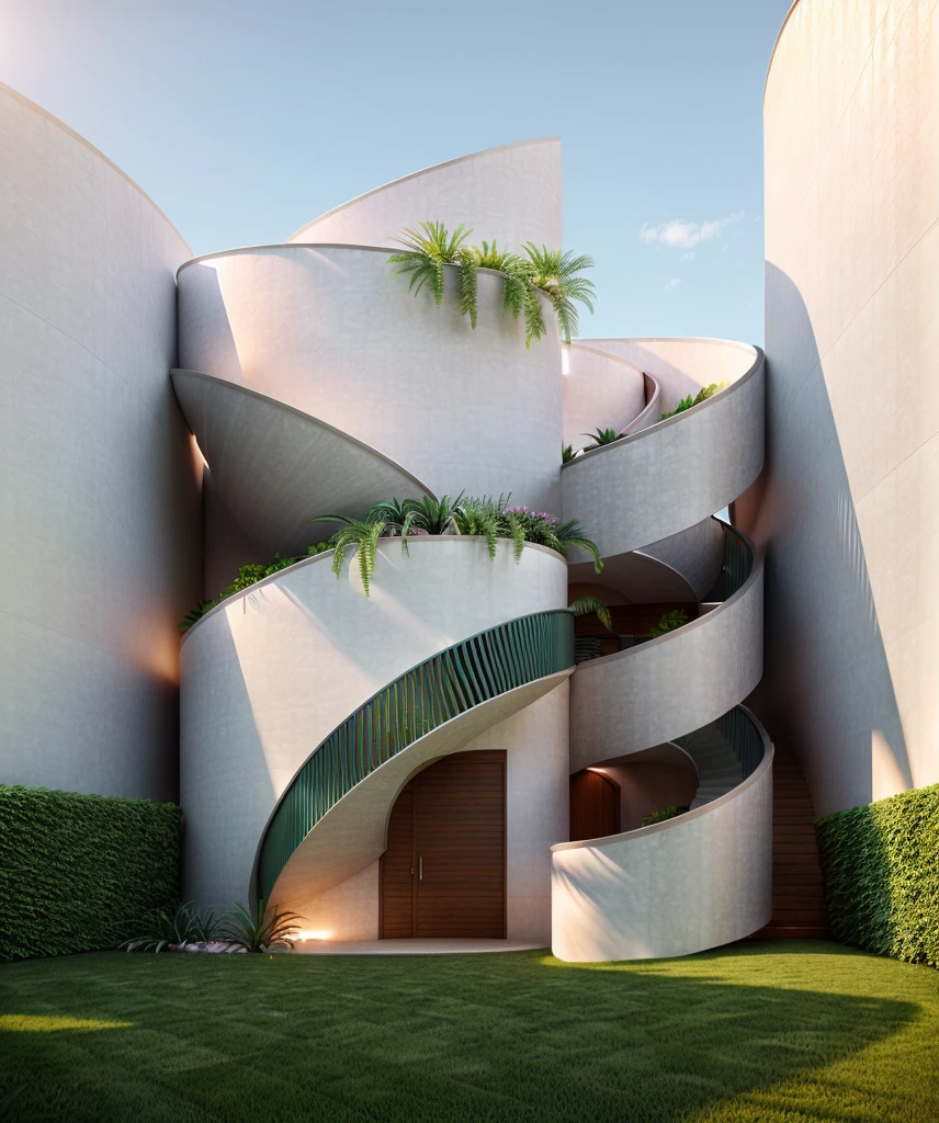 exterior house, pink color, glass, plant, curve house, curve wall, spiral staire, plant around the building, ((realistic photo)), RAW photo, natural light,  sky, corona render, sharper photo, details texture, details plant, (masterpiece, top quality, best quality, official art, beautiful and aesthetic:1.2),(8k, best quality, masterpiece:1.2),CGgameC4D bsw, no humans, C4D, the garden in front of the building