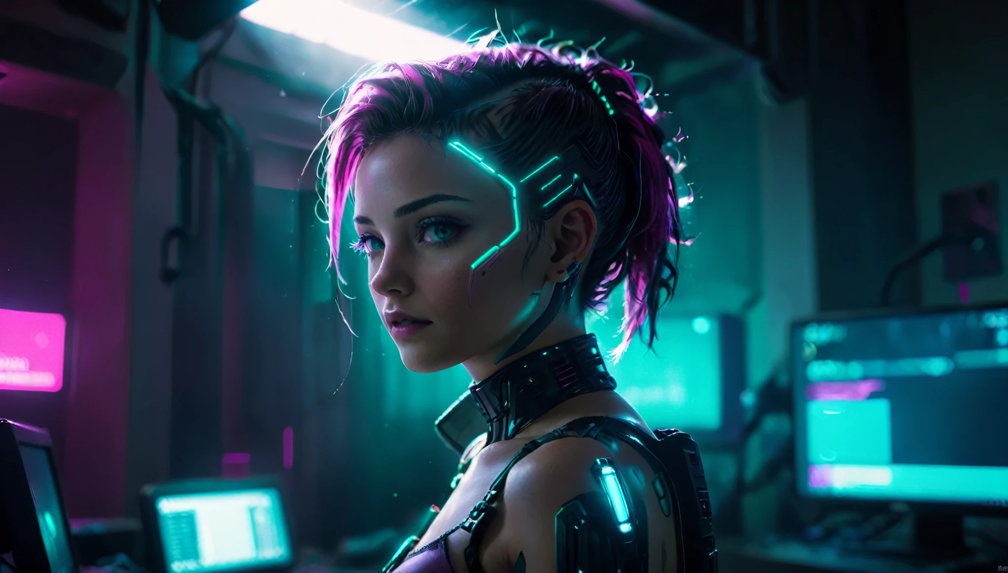 a painting of i'm just going to stay inside and play cyberpunk on my computer, magenta highlights and teal color grading, portrait photo, film, studio lighting, detailed skin, ultra realistic, bokeh, sharp features, 4k, backlit, silhouette, vogue, (god rays:2) 