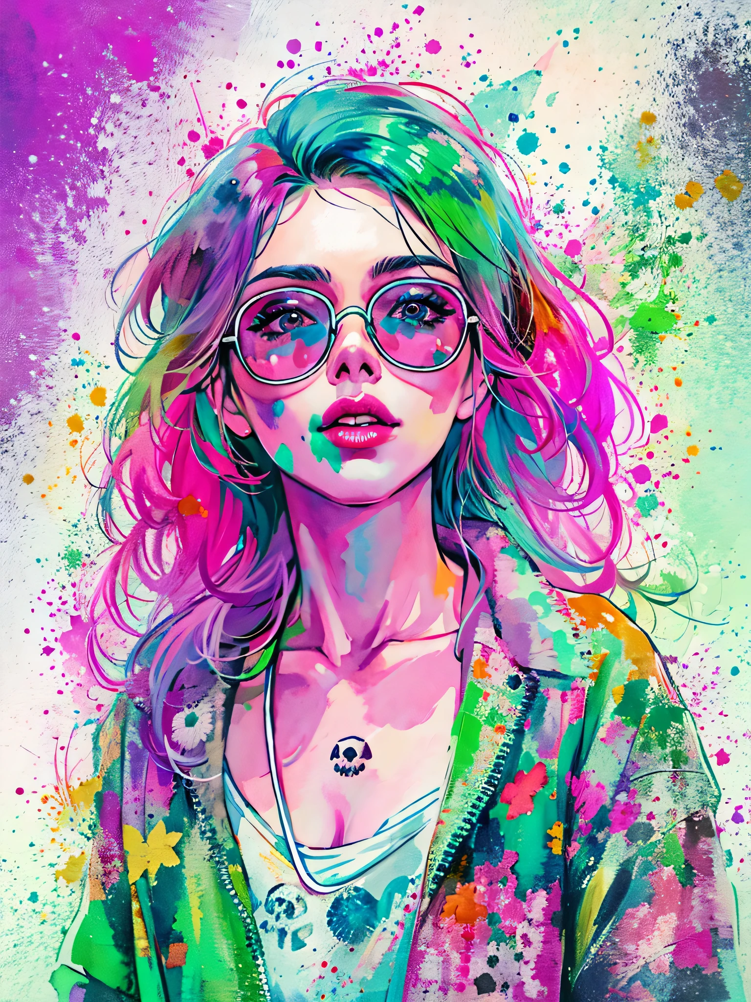 watercolor painting, 8K resolution、((highest quality))、((masterpiece))、((Super detailed))、1 female、alone、((incredibly absurd))、 (((most beautiful girl ever))), (((stylish glasses))), Lips in Love, skull fashion、neon、small breasts, (((Skull Doodle Art))), colorful hair, provocative