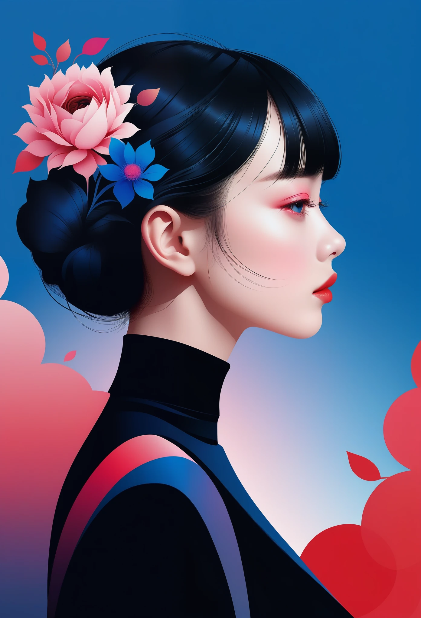 (((vector，flat form style，illustration，数字艺术illustration)))，1 girl，Unique，pretty face，profile，portrait，Shoulder，Black high neck，Geometric gradients，gradient lines，artistic conception，Abstract，Minimalism，minimalist lines，portrait，blue flower, flower,pink flower, red flower, red rose, rose, solo, sunflower