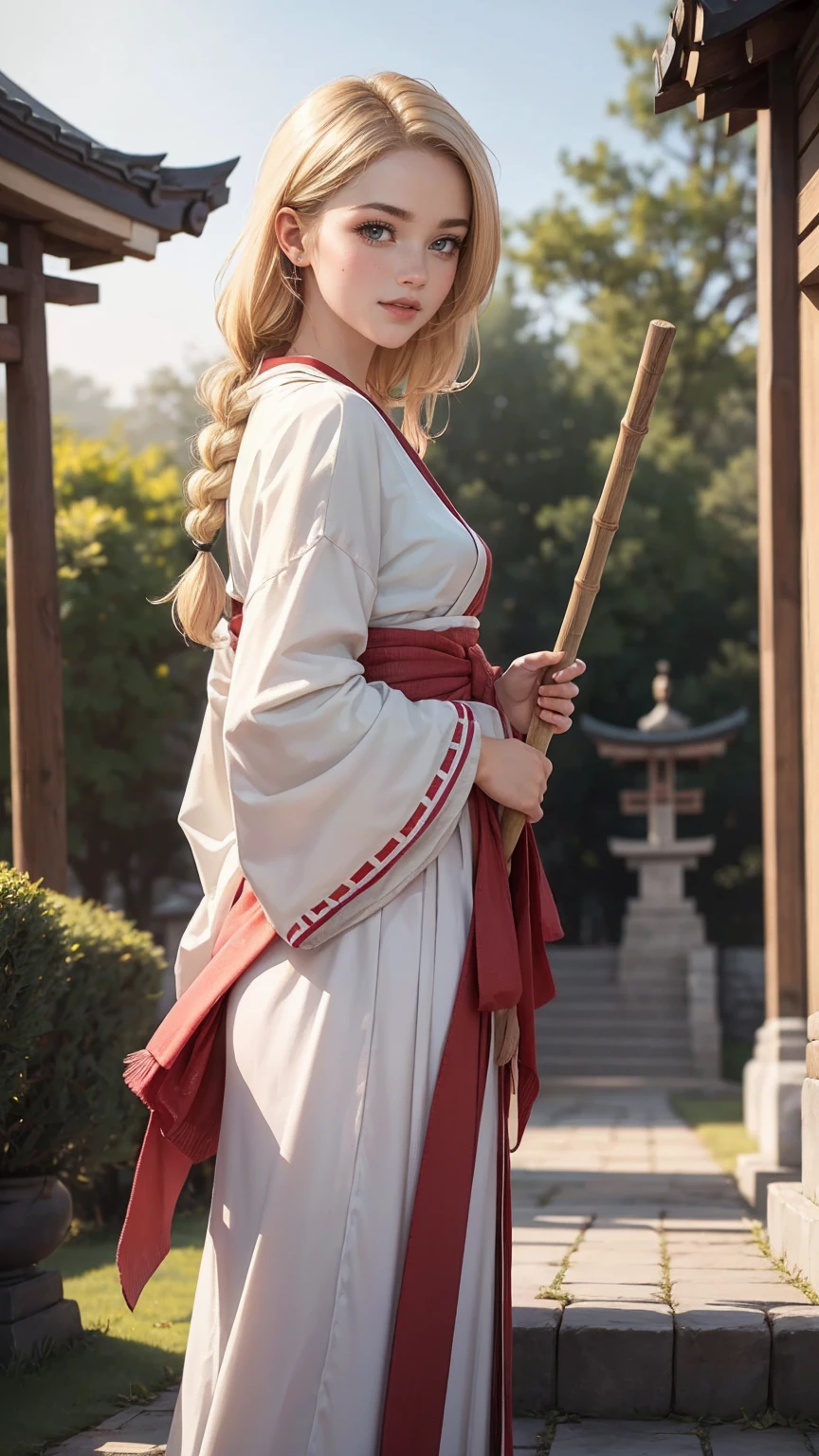 blonde hair, gradient hair, hair over shoulder, hair behind ear, longeyelashes, light smile, Surrealism, depth of field, atmospheric perspective, foreshortening, UHD, anatomically correct, highres, 16k、 ((最high quality, 8K, masterpiece: 1.3, Ultra HD, high quality, 最high quality, High resolution, realism)) 、(high color saturation:1.0), (highly detailed skin), (最high quality:1.0), (超High resolution:1.0) ,(realistic:1.0), (Super detailed:1.0), (8K, Raw photo:1.1), slender、Slender, muscular body that&#39;s toned like an athlete&#39;s、I don&#39;t want my head to disappear from the screen.、25 year old white woman、shiny hair、Her hair color is blonde.、blue eyes、long hair、hair above one eye、smile、On the stone steps leading to a Japanese shrine、She is a shrine maiden.、Holding a bamboo broom、Grinning ((light smile))、braid, 8k