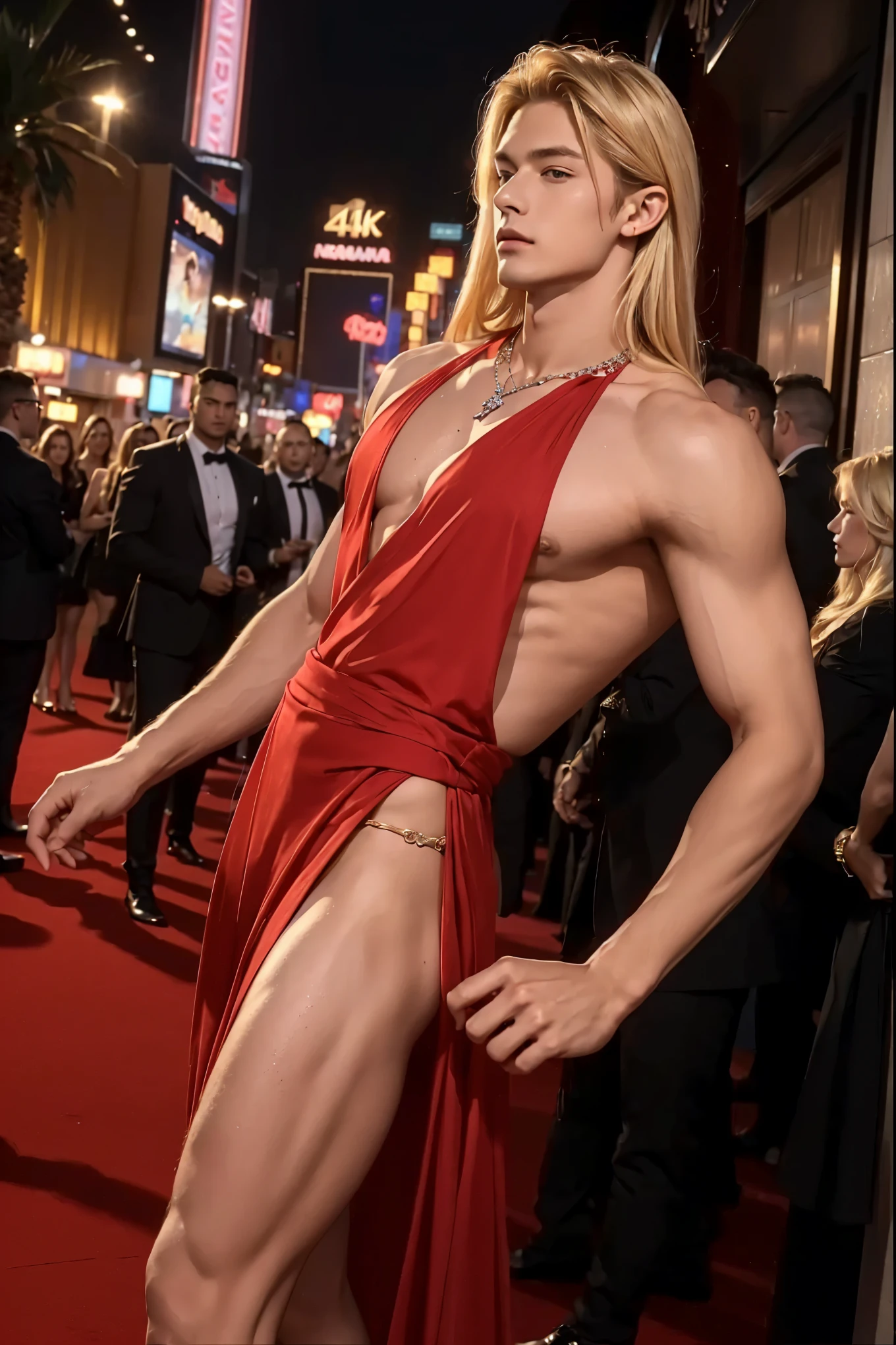 (best quality,4k,highres,ultra-detailed,realistic:1.37),portrait,HANDSOME MEN,lean body,diamond necklace,long blond hair,feminine pose,18 year old,man in red carpet dress,LAS VEGAS,