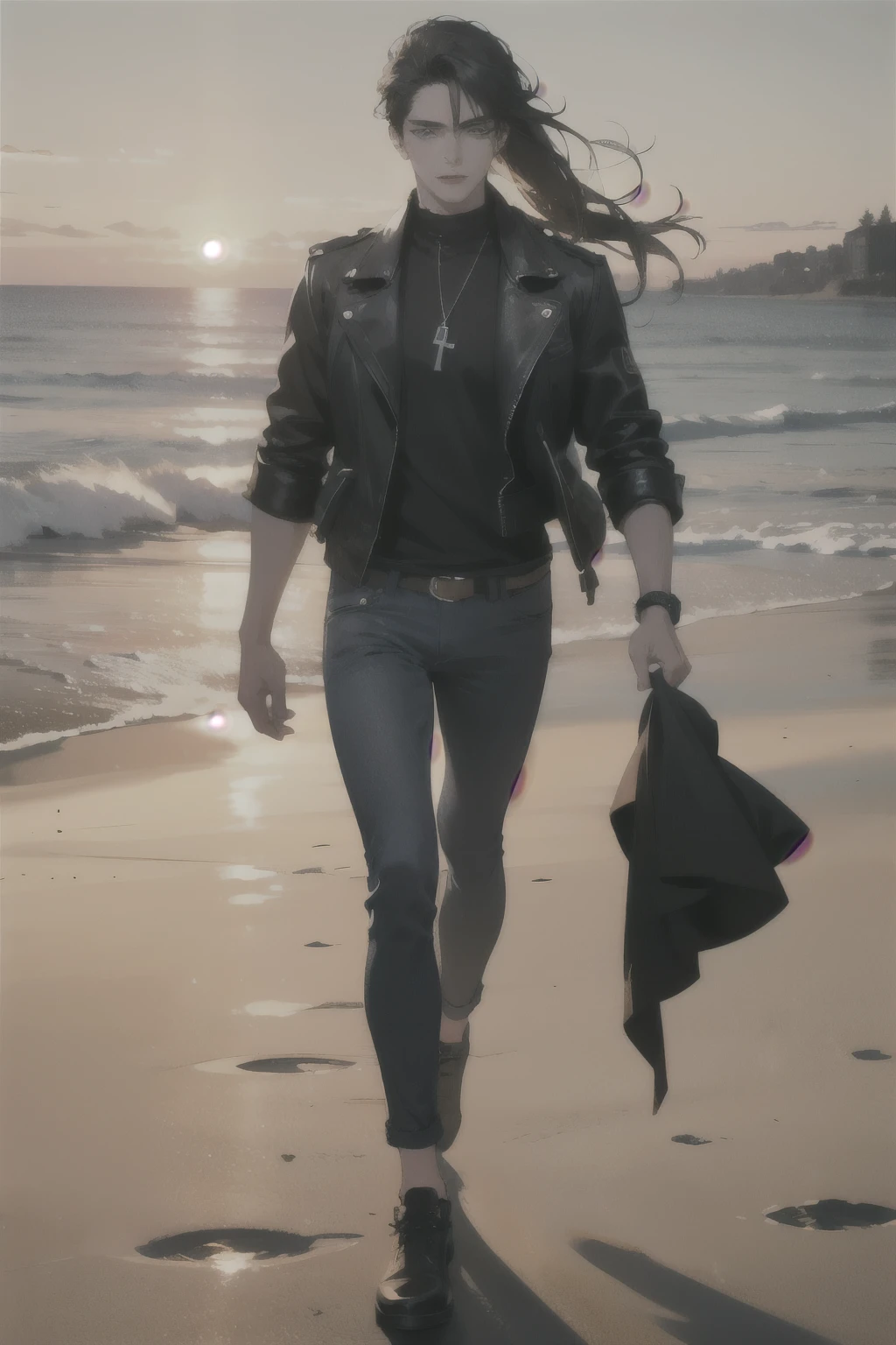 ((Best quality)), ((masterpiece)), (detailed), идеальное лицо A tall, handsome young man, he has soft, beautiful facial features, dark-haired, he has very long black hair gathered in a tight ponytail, bright blue eyes, a pretty cute face, he is wearing a black T-shirt with a neon print, a black short leather jacket, black jeans, he has a wide leather belt decorated with iron elements, chains. He walks along the ocean beach at sunset. Masterpiece, perfect drawing, realistic drawing, full-length drawing, detailed study, 8k. full-length image, realistic image, dynamic image, detailed image. an extremely detailed illustration, a real masterpiece of the highest quality, with careful drawing. anime style