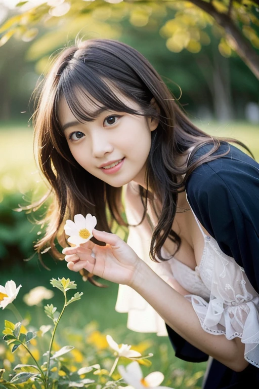 Sheer white camisole、19 year old female, beautiful face、Holding a cosmos flower in hand、like々Beautiful Japanese wo grassy field、4ｋimage quality、looking at the camera、medium long hair、hair fluttering in the wind、cute smile、整ったbeautiful face、gentle smile、A little bit of the bra is visible from the chest