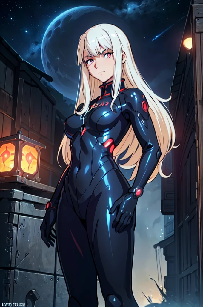 Cartoon photo of woman, Guyver style, SFW version, red eye, bellows tail, cel shade adult animation, serpentine pose,(high resolution, masterpiece, best quality, anime, official art:1.4), amazing fine details, all intricate, gloss and shiny, awesome many layers, 8k wall paper, sketch, illustration, (masterpiece, best quality, masterpiece, best quality, finely detail, beautiful detailed eyes, ultra detailed, extremely beautiful CG, super detailed skin, best quality, intricate, {{high quality}}, extra colors, 2D, megapixel, perfectionism, accent lighting, full HD, 4K, (inspired by :metroid, zone of enders, gundam, death stranding, half life2, glados, fate stay nigh, star blazer 2199 space battleship yamato, mass effect, dead space, death stranding) (((illyasviel_von_einzbern)),1girl, mature female, full body, contrapposto,) (silver hair, red eyes, long hair, beautiful detailed red eyes, weird hair, evil smile, eyelashes, medium_breasts, best quality, beautifully detailed face, can't be this cute, girl on top, delicate facial features, looking_at_viewer, ray tracing, DOF,HDR, hand_on_hip, two_side_up, standing, cowboy_shot,) (yellow suit, yellow pilot suit, yellow jumpsuit, yellow bodysuit, jacket, tactical gear, fully clothed, ) gainax anime style, studio gainax art, studio gainax illustration,inspired by Masamune Shirow, studio gainax, by Masamune Shirow, beautiful charcter from evangelion, (outdoors, (night:1.1), glowing red moon background, planet in background, science fiction background, background, outdoor, space opera background, glowing, red moon, space ship background, space colony background, ilya kuvshinov, official art, futuristic background, colony drop background, space war background, mecha in background, fantasy background,)