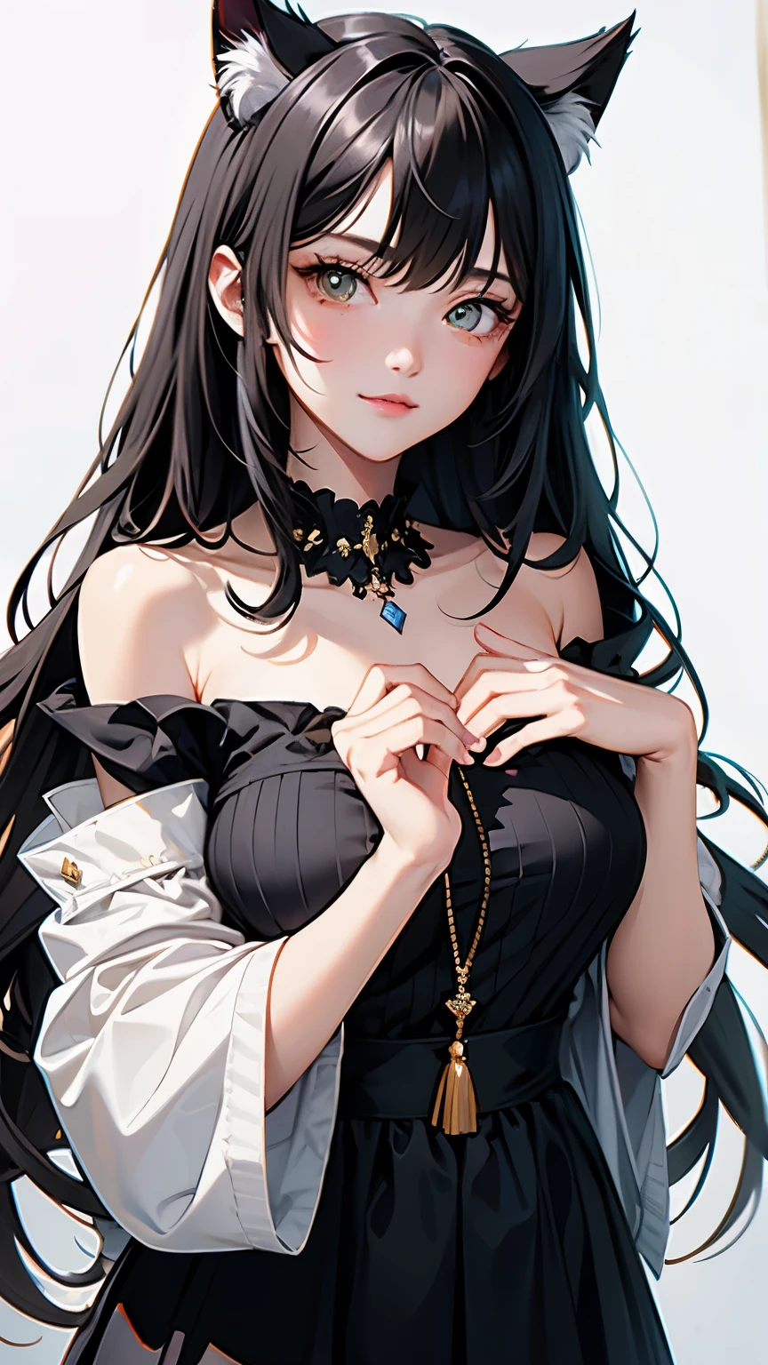 (highest quality, masterpiece, High resolution)、(anime art)、,cinematic light、soft light、girl、black hair、Persian Cat Costume、off shoulder、Cat ear、medium long hair、hair ornaments、choker、enchanting smile、Medium chest、Meow Meow Pose、Cat jarashi、((white background))、