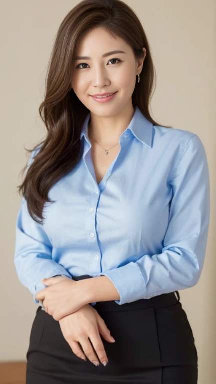 ((highest quality, 8K, masterpiece, portrait: 1.3)), (looking at the viewer), (full shot:0.85), attractive business mature woman, 1 person、 white collared shirt, gray skirt,((big breasts 2.2)) (big pelvis:0.3),((Plump 1.6))、 (officeの机にあぐらをかいて座っている)), smile:0.2, president'office,good posture、Brown medium hair、gentle smile、