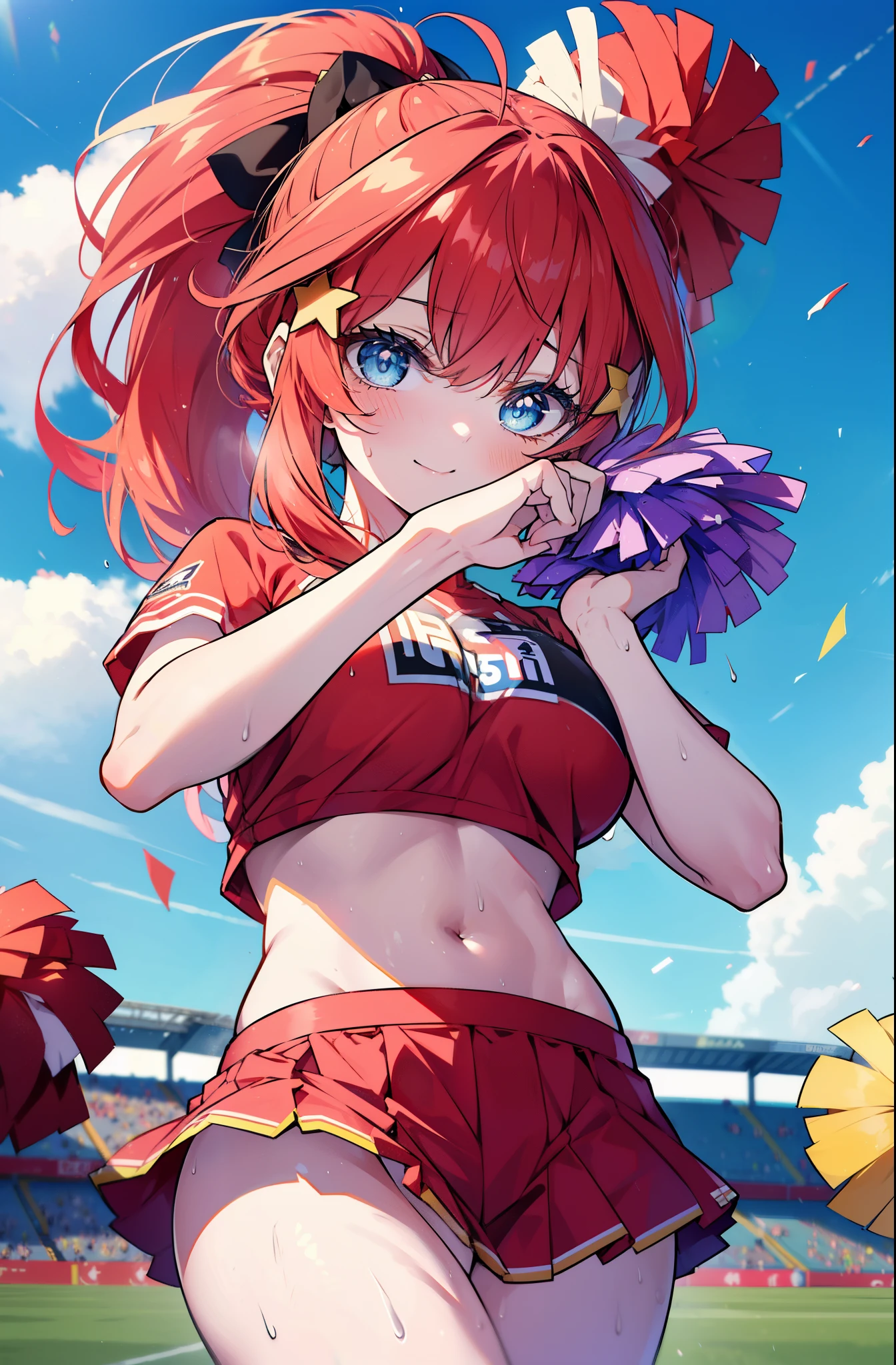 itsukinakano, itsuki nakano, bangs, blue eyes, hair between eyes, Ahoge, redhead, star \(symbol\), happy smile, smile, open your mouth,hair ornaments, star hair ornaments,(cheer leading), (whole body), big breasts, lower, (sweaty), sweaty Wet Clothes,()red clothes), , Navel support, playground, (jump), (jump), 足を曲げてjumpする, air, blue sky, Grass原, Smiling Cheerleader, pom pom \(cheer leading\), Grass, 
break outdoors, stadium,
break looking at viewer, (cowboy shot:1.5),
break (masterpiece:1.2), highest quality, High resolution, unity 8k wallpaper, (figure:0.8), (detailed and beautiful eyes:1.6), highly detailed face, perfect lighting, Very detailed CG, (perfect hands, perfect anatomy),