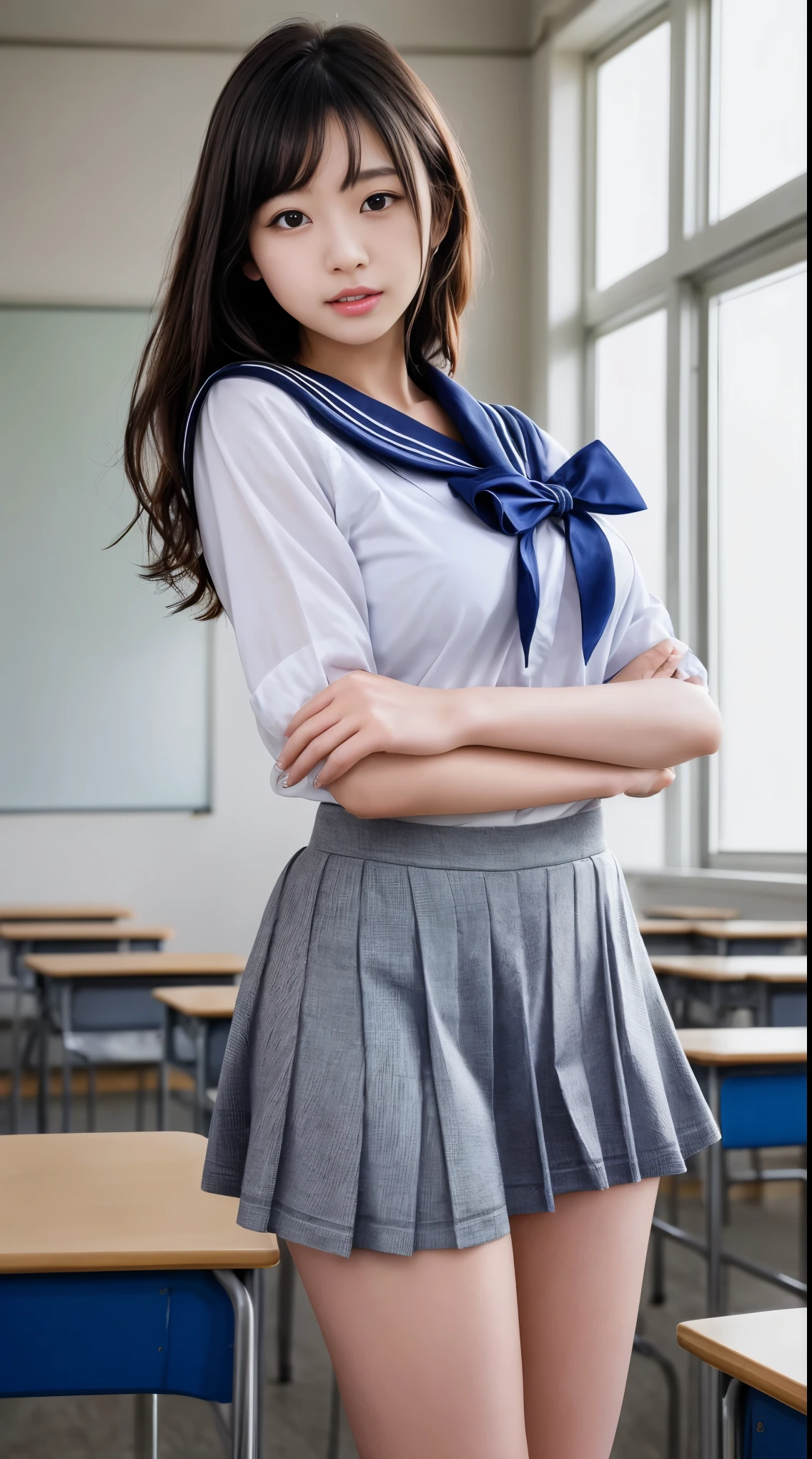 masterpiece、最high quality、high quality、high quality、premium quality、wonderful品質、Exceptional quality、excellent quality、Luxurious quality、excellent quality、best image quality、8K、super resolution、最High resolution、High resolution、最high quality、Rich shades、shining quality、crystal clear、realistic images、perfect details、Image without defects、clear image、wonderful表示、bright colors、deep contrast、high fidelity、amazing clarity、optimal performance、realistic、wonderful、perfect image、Close to reality、Realistic human body in every detail、Realistic skin in every detail、Realistic face in every detail、Realistic eyes down to the details、Realistic lips in every detail、Realistic teeth in every detail、Realistic ears down to the last detail、Realistic hair down to the last detail、Realistic arms down to the last detail、Realistic reproduction of every detail、Realistic fingers in every detail、(fine hands、thumb1reference4)、Realistic feet in every detail、pretty girl、beautiful girl、attractive girl、attractive young woman、wonderfulティーンエイジャー、adorable girl、Shining Girl、innocent girl、sweet girl、beautiful adolescent girl、cute young woman、 the girl who captures your heart、dazzling girl、elegant girl、((japanese model))、((18歳のbeautiful girl))、(black hair)、(random hairstyle)、((whole body))、((beautiful upturned chest))、(slim style、slender style)、(whole body光沢肌、Fair skin)、Detailed and realistic human body、detailed realistic skin、detailed realistic face、detailed realistic arms、detailed realistic fingers、Detailed realistic feet、soft natural light、sailor suit、、junior high school、high school、 School、((Sheer Mesh(クロップトップsailor suit、Mini Sailor Skirt))、((in the school classroom(Pose that makes your thighs look beautiful))、angle from below