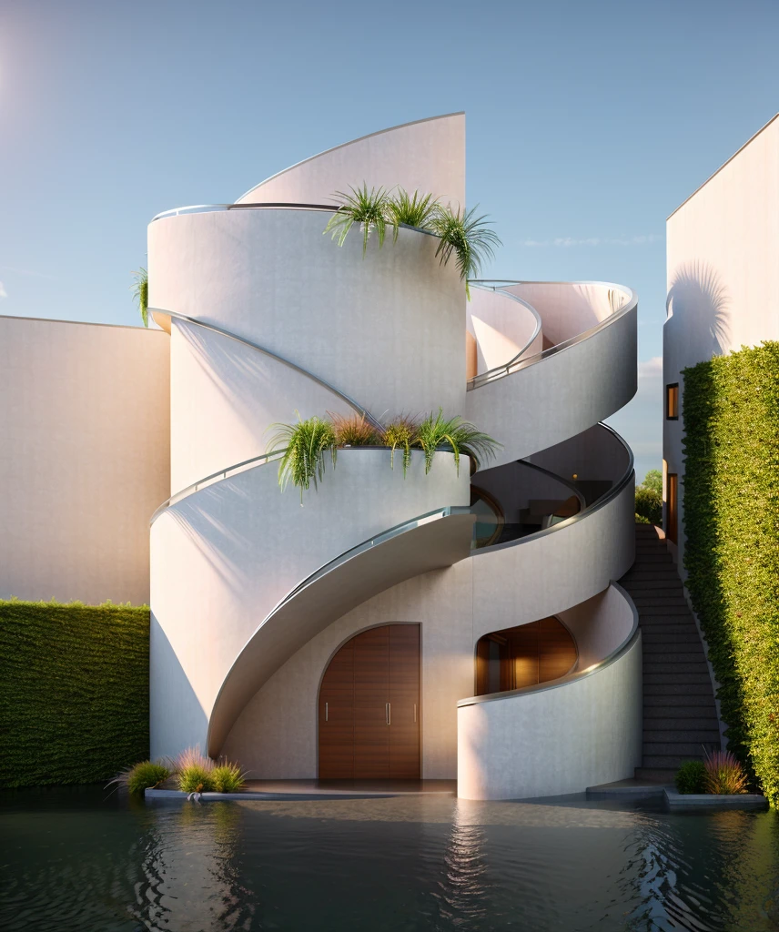 exterior house, pink color, glass, plant, curve house, curve wall, spiral staire, plant around the building, ((realistic photo)), RAW photo, sunlight, day light, sky, corona render, sharper photo, details texture, details plant, (masterpiece, top quality, best quality, official art, beautiful and aesthetic:1.2),(8k, best quality, masterpiece:1.2),CGgameC4D bsw, no humans, C4D, garden in front of the building