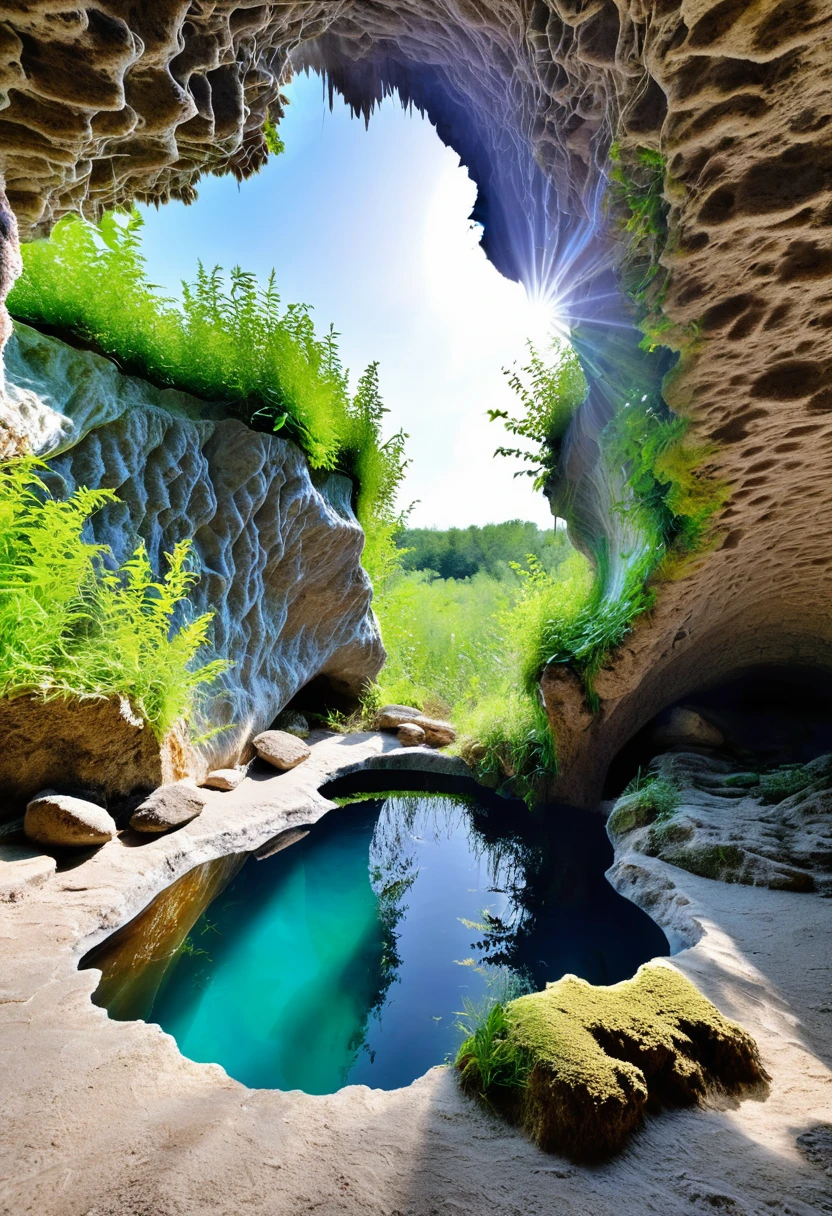 a hidden cave, éclairée uniquement par les faibles lueurs des cristaux de quartz incrustés dans les roches environnantes. As we venture deeper into this underworld, we discover a small pool of water at the foot of a giant stalactite. Les mousses et les fougères s'accrochent étroitement aux murs, tandis que de délicates vrilles de vignes serpentent vers le plafond lointain. Dans ce cadre tranquille, nous pouvons même apercevoir de minuscules créatures vaquant à leurs occupations quotidiennes