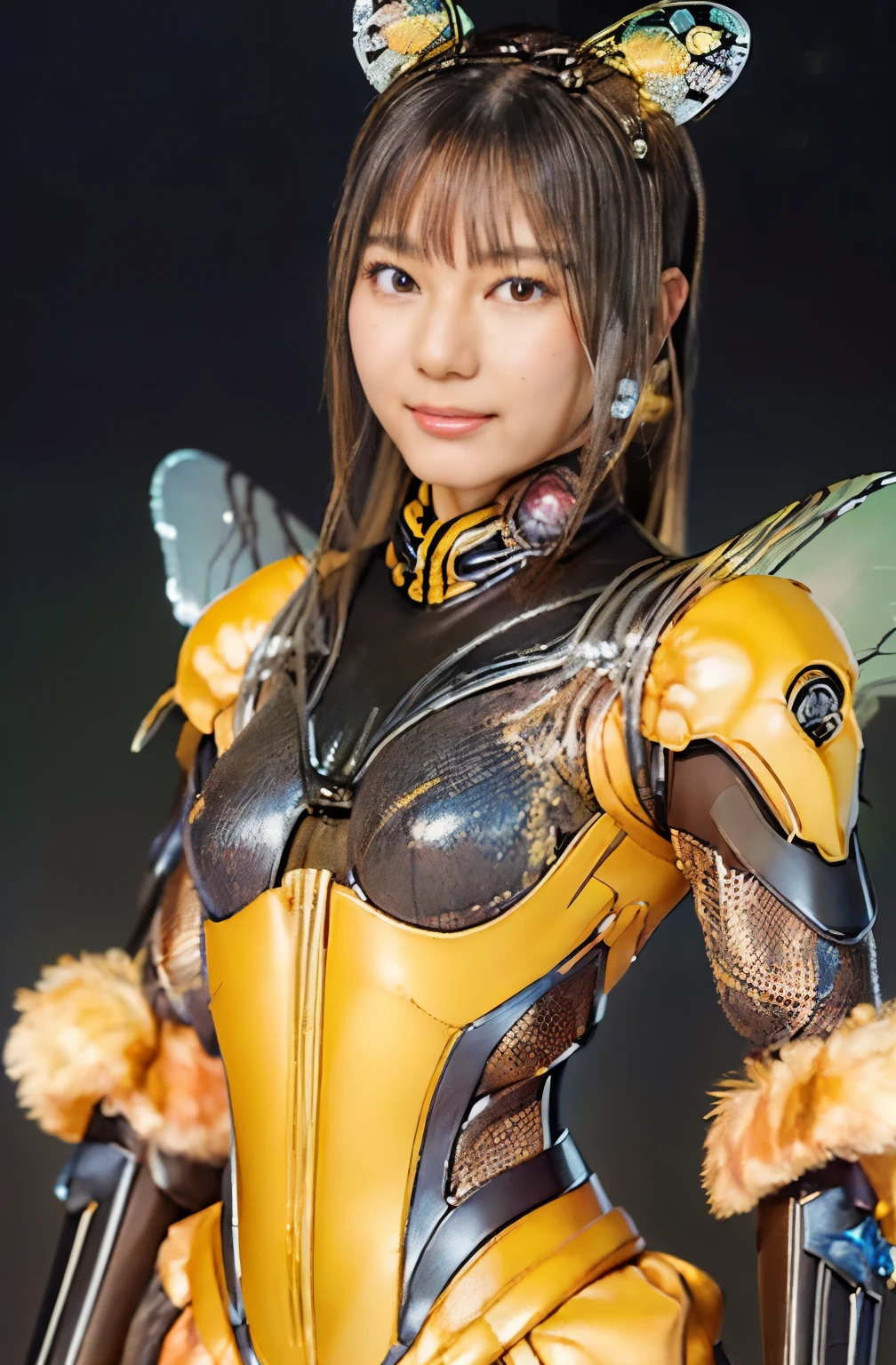 (high resolution,masterpiece,best quality,extremely detailed CG, anime, official art:1.4), realistic, photo, amazing fine details, all intricate, gloss and shiny,awesome many layers, 8k wall paper, 3d, sketch, kawaii, illustration,( solo:1.4), perfect female proportion,villainess, (fusion of queen bee and lady:1.4), (queen bee form lady:1.2), (queen bee lady:1.2), (fusion:1.2), (solo:1.4), (evil smile:1.2), muscular, abs, (queen bee exoskeleton bio insect suit:1.4), (cockroach brown exoskeleton bio insect armor:1.2), (brown transparency queen bee wing:1.4), (brown queen bee antennae:1.3),