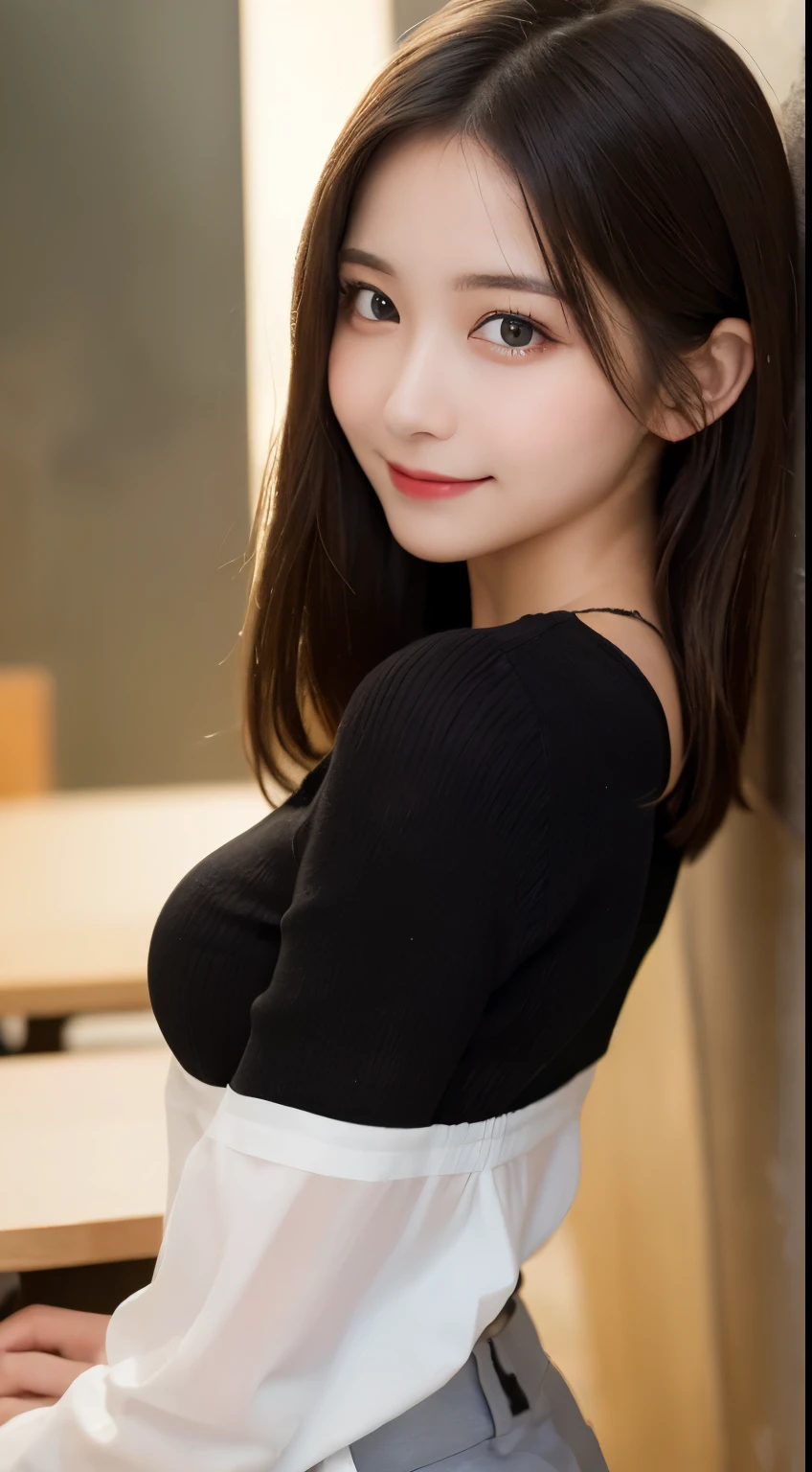 table top, highest quality, shape, Super detailed, finely, High resolution, 8k wallpaper, 完璧なダイナミックな構shape, beautiful and detailed eyes, straight hair, small breasts, natural color lip, random sexy pose,smile,20 year old girl、midnight、Beautiful and dense face、perfect and beautiful face,Big eyes、Raw photo、Expressing feminine poses with your whole body、beautiful and detailed eyes、small face、beautiful duplex、slim face and style,beautiful golden ratio face、long sleeve blouse、check shorts、smile、Shoot from the right side