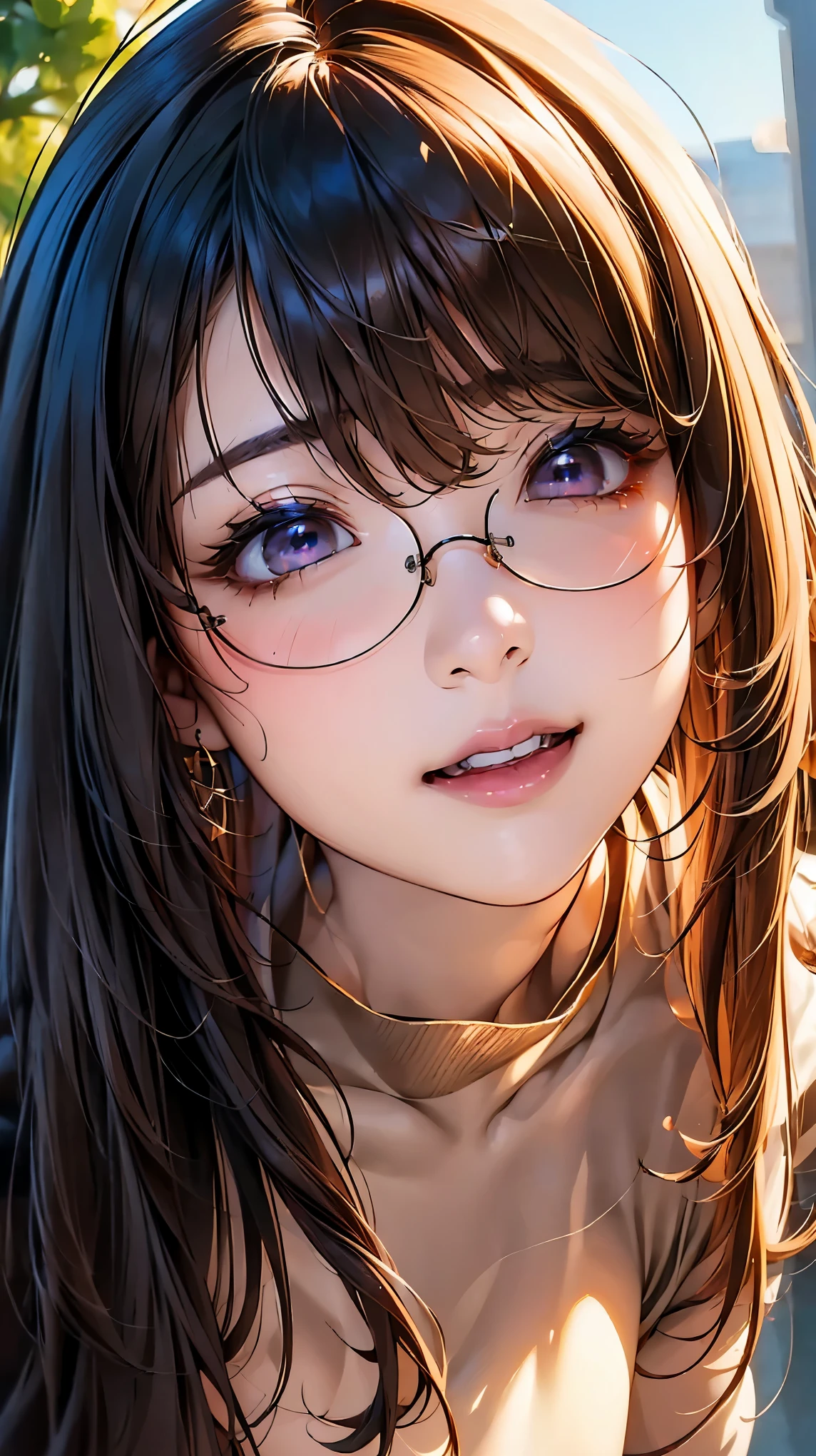 (NSFW:1.2), (8K, RAW photo, best image quality, masterpiece: 1.4), (Highly detailed CG Unity 8K wallpaper, highest quality, High resolution: 1.2), (ultra_be familiar with, UHD: 1.2), super highly be familiar with, (realistic, realistic: 1.48), 1 girl, focus only, light brown hair, long hair, side lock, bangs, ((dark purple eyes:1.4, round eyes, beautiful eyelashes)), clear eyes, brown sweater, Glasses, Big breasts, very big breasts, Dark brown skirt, thigh high stockings, shiny hair, beautiful be familiar with cold face, enchanting smile, Beautiful and delicate eyes with intricate details, very accurate details, skin dents, outdoor, grassland, perfect face, be familiar with顔, perfect body, beautiful eyes, beautiful face,face focus,(Portrait:1.5),