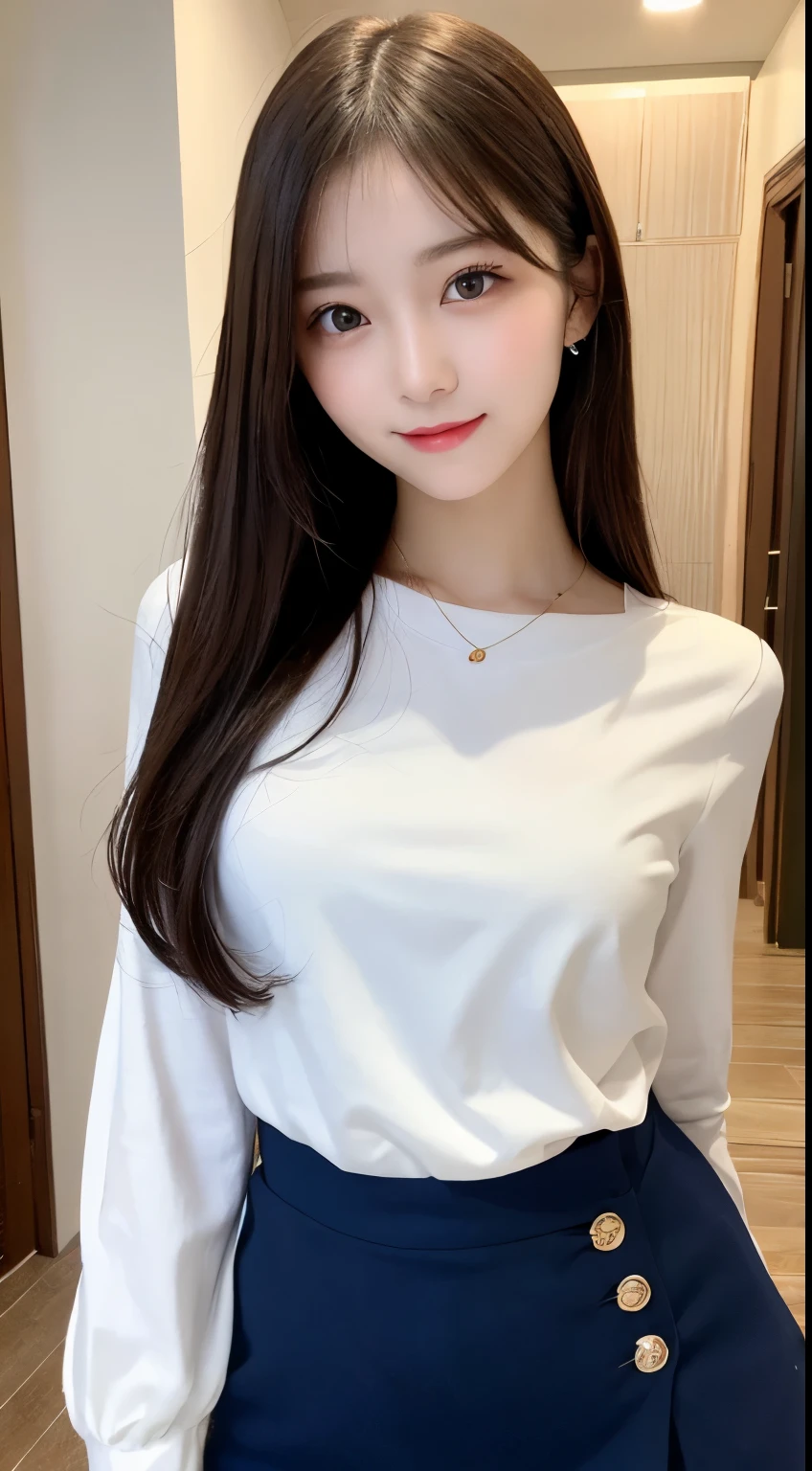 table top, highest quality, shape, Super detailed, finely, High resolution, 8k wallpaper, 完璧なダイナミックな構shape, beautiful and detailed eyes, straight hair, small breasts, natural color lip, random sexy pose,smile,20 year old girl、midnight、Beautiful and dense face、perfect and beautiful face,Big eyes、Raw photo、Expressing feminine poses with your whole body、beautiful and detailed eyes、small face、beautiful duplex、slim face and style,beautiful golden ratio face、Tight Skirt(navy)、long sleeve blouse(white)