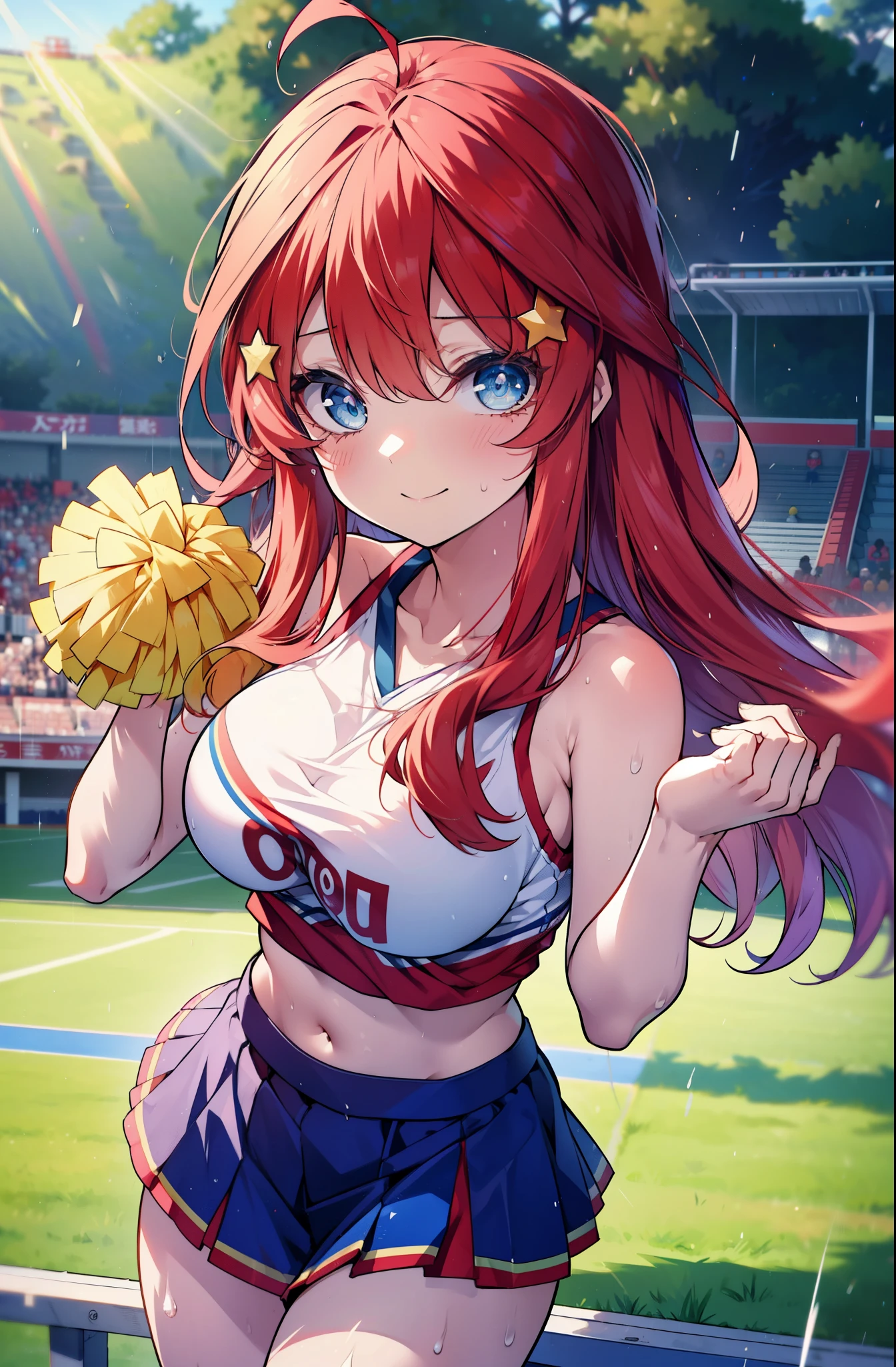 itsukinakano, itsuki nakano, bangs, blue eyes, hair between eyes, Ahoge, redhead, star \(symbol\), happy smile, smile, open your mouth,hair ornaments, star hair ornaments,(cheer leading), (whole body), big breasts, lower, (sweaty), sweaty Wet Clothes,()red clothes), , Navel support, playground, (jump), (jump), 足を曲げてjumpする, air, blue sky, Grass原, Smiling Cheerleader, pom pom \(cheer leading\), Grass, 
break outdoors, stadium,
break looking at viewer, (cowboy shot:1.5),
break (masterpiece:1.2), highest quality, High resolution, unity 8k wallpaper, (figure:0.8), (detailed and beautiful eyes:1.6), highly detailed face, perfect lighting, Very detailed CG, (perfect hands, perfect anatomy),