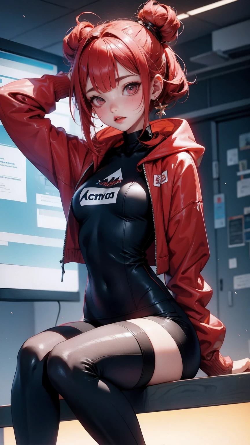 Cute Girl, 1 girl, Red hair, high bun hairstyle, There are a few strands of hair on the face, Red eyes, mascara, oversized hoodie, diaphragm, hot pants, tights, laced tights, bags under eyes, sitting, cafes, ground angle shot, The audience looks up, feet in tights, saggy , impact, original photography, 8K, masterpiece,