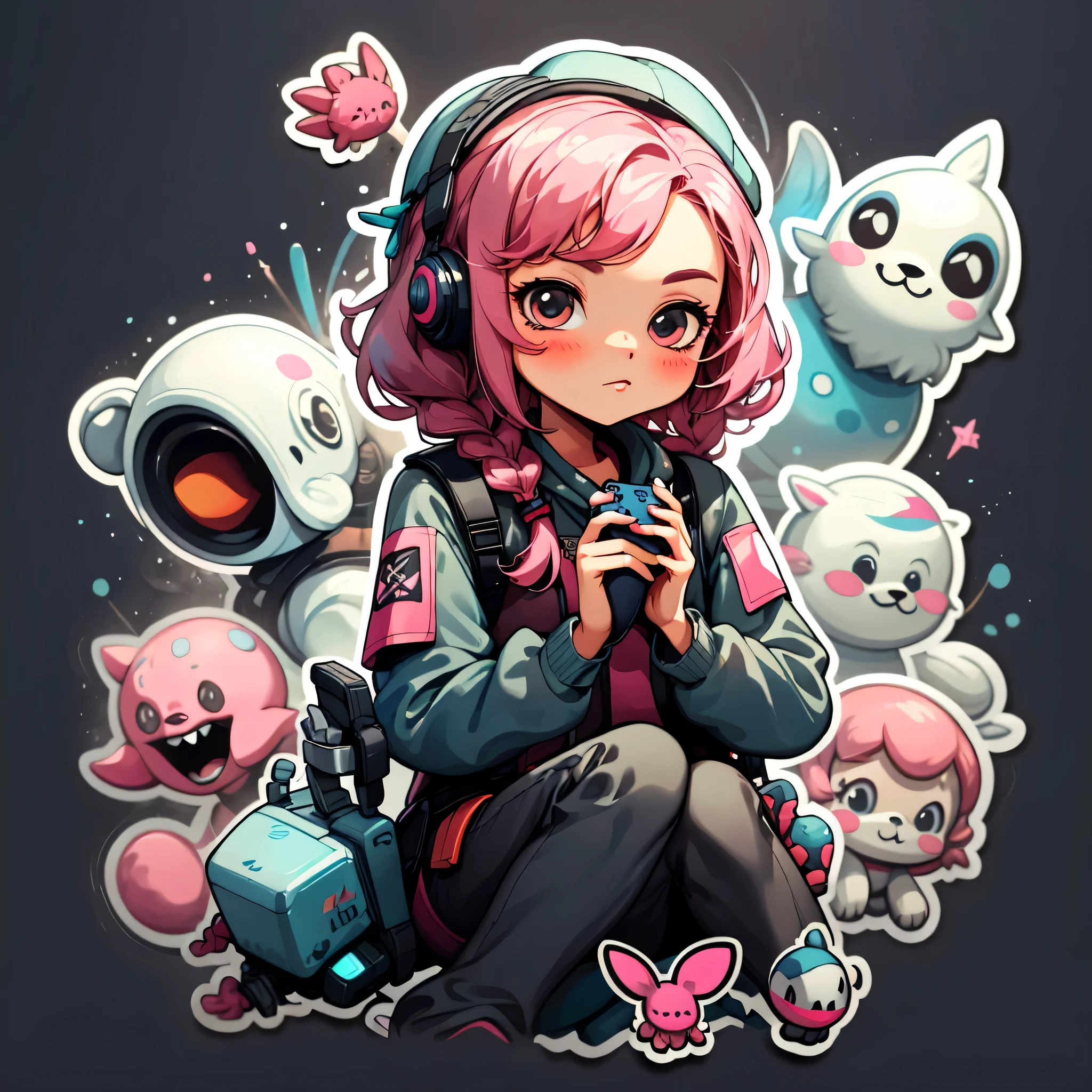 sticker，1 girl，simple background，pink hair，twin braids，Gamepad in hand，