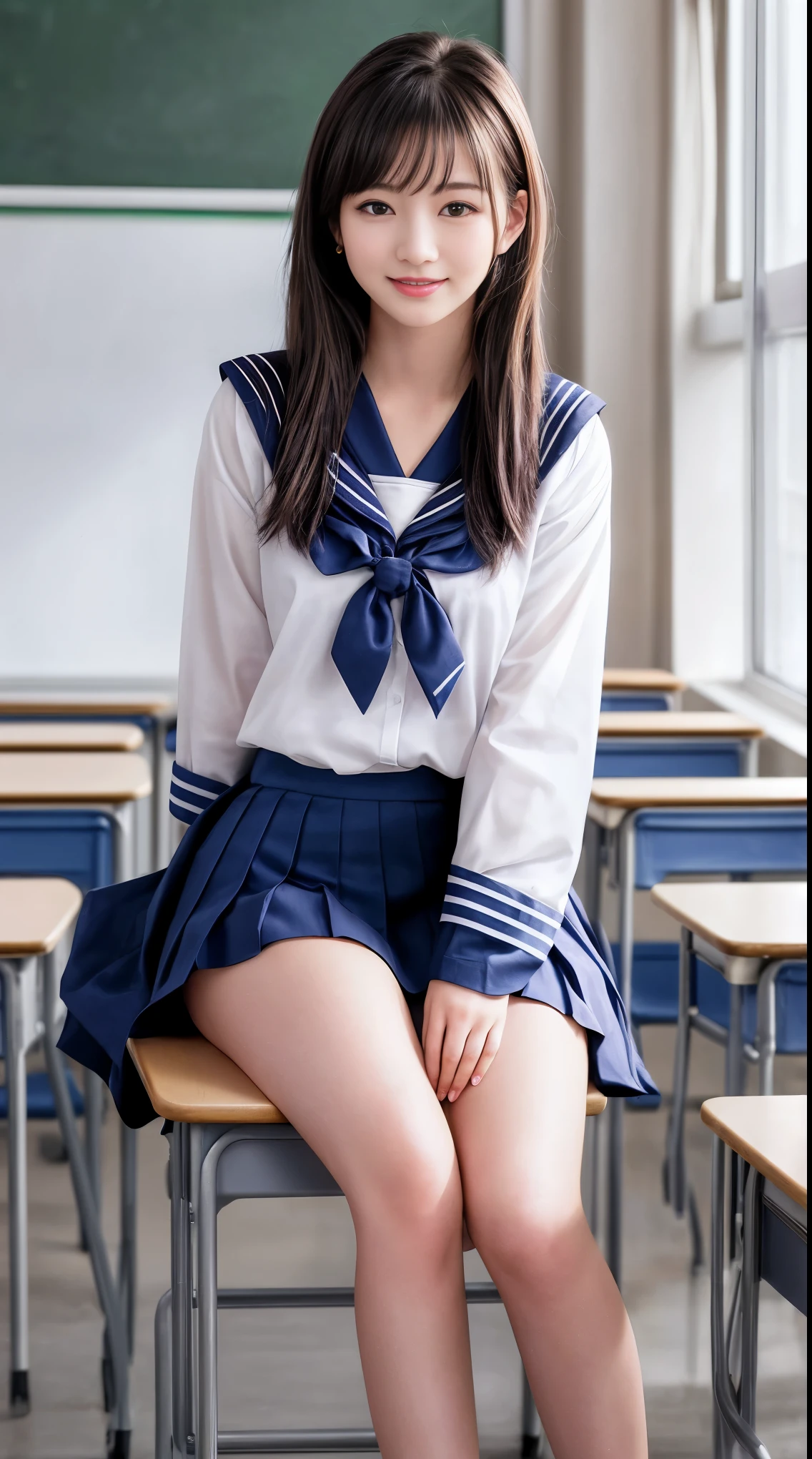 masterpiece、最high quality、high quality、high quality、premium quality、wonderful品質、Exceptional quality、excellent quality、Luxurious quality、excellent quality、best image quality、8K、super resolution、最High resolution、High resolution、最high quality、Rich shades、shining quality、crystal clear、realistic images、perfect details、Image without defects、clear image、wonderful表示、bright colors、deep contrast、high fidelity、amazing clarity、optimal performance、realistic、wonderful、perfect image、Close to reality、Realistic human body in every detail、Realistic skin in every detail、Realistic face in every detail、Realistic eyes down to the details、Realistic lips in every detail、Realistic teeth in every detail、Realistic ears down to the last detail、Realistic hair down to the last detail、Realistic arms down to the last detail、Realistic reproduction of every detail、Realistic fingers in every detail、(fine hands、thumb1reference4)、Realistic feet in every detail、pretty girl、beautiful girl、attractive girl、attractive young woman、wonderfulティーンエイジャー、adorable girl、Shining Girl、innocent girl、sweet girl、beautiful adolescent girl、cute young woman、 the girl who captures your heart、dazzling girl、elegant girl、((japanese model))、((18歳のbeautiful girl))、(black hair)、(random hairstyle)、((whole body))、((beautiful upturned chest))、(slim style、slender style)、(whole body光沢肌、Fair skin)、Detailed and realistic human body、detailed realistic skin、detailed realistic face、detailed realistic arms、detailed realistic fingers、Detailed realistic feet、soft natural light、sailor suit、、junior high school、high school、 School、((Sheer Mesh(クロップトップsailor suit、Mini Sailor Skirt))、((in the school classroom(Pose that makes your thighs look beautiful))、angle from below