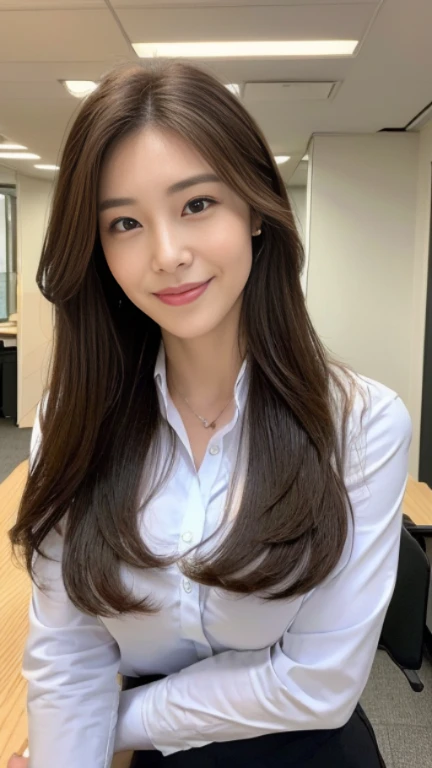 ((highest quality, 8K, masterpiece, portrait: 1.3)), (looking at the viewer), (full shot:0.85), attractive business mature woman, 1 person、 white collared shirt, gray skirt,((big breasts 2.2)) (big pelvis:0.3),((Plump 1.9))、 (officeの机にあぐらをかいて座っている)), smile:0.2, president'office,good posture、Brown medium hair、gentle smile、office、In the office、