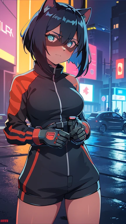 cyberpunk, portrait, Schwarz , Rot neon eyes, stilvoll tragen [Schwarz|Rot] Kleidung steht in einer Stadt, (sonnenaufgang:1.4), Street, kompliziert, fototealistisch , hole body.1.3, ( futuristisches motorrad fahrend:1.4)