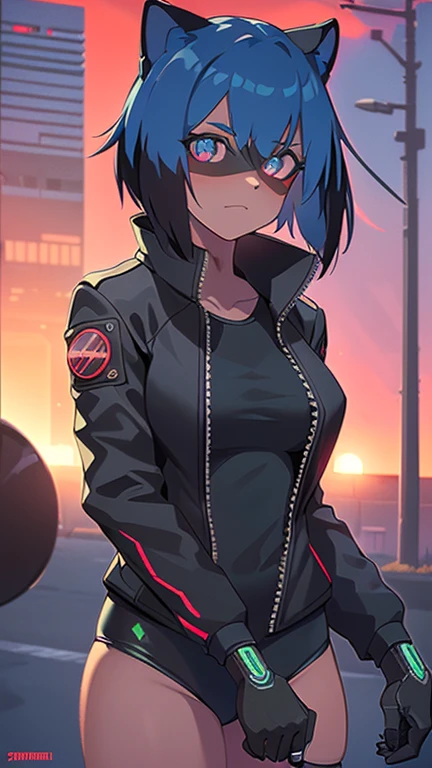 cyberpunk, portrait, Schwarz , Rot neon eyes, steht in einer Stadt, (sonnenaufgang:1.4), Street, Kompliziert, fototealistisch, nackt, shows vagina and breasts, keine kleidung