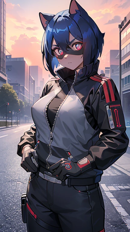 cyberpunk, portrait, Schwarz , Rot neon eyes, stilvoll tragen [Schwarz|Rot] Kleidung steht in einer Stadt, (sonnenaufgang:1.4), Street, kompliziert, fototealistisch , hole body.1.3, ( futuristisches motorrad fahrend:1.4)