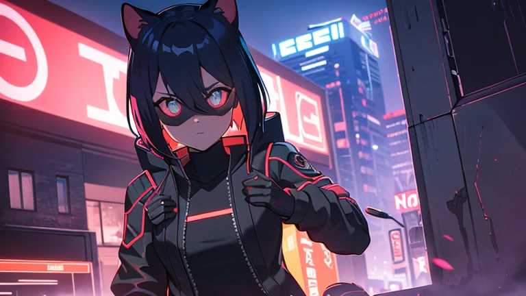 cyberpunk, portrait, Schwarz , Rot neon eyes, stilvoll tragen [Schwarz|Rot] Kleidung steht in einer Stadt, (sonnenaufgang:1.4), Street, kompliziert, fototealistisch