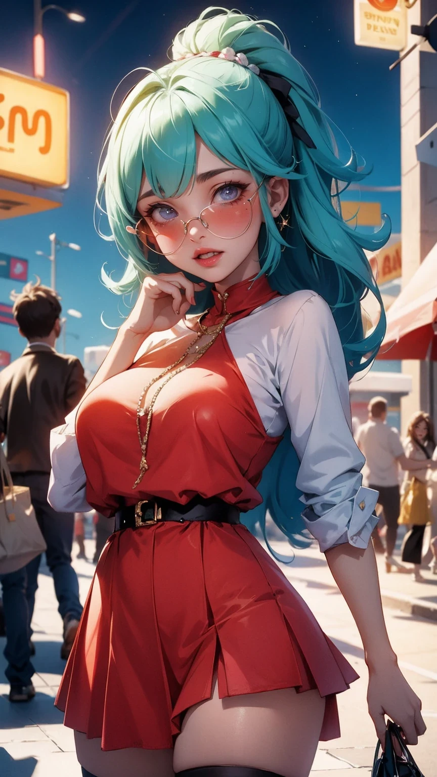 Cute Girl, /clown in omib style, illustrator, masterpiece, high quality, 8K, high resolution, high detail, smiley face, Transparent sunglasses, Movie overlay, bright colors, Cool and soft lighting, Chicago by night, The wind is blowing, Greg Rutkoky Styles