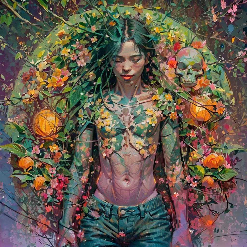 ((Modern metropolis in colors, cybernetic landscape in colors)). ((1 guy with an open face), (full height, slim muscular)).((young long black hair), (green:1.5, orange:1.1, white:1.3, yellow: 1.3 ), (rapper with dreadlocks), (tattoos), (naked parts of the body), (down jacket: 1,2), (Jacket on a naked body, torso, abs), (stylish jeans)). ((skulls, flowers, fruits),(fractal, Cherry blossoms, green leaves, Fog, background of circles)).((Ideal, beautiful), (pictorial background, broad strokes, attention to detail of the figure, flowers)). ((background octane render trending on artstation), (8k fine art photography, photorealistic concept art), (soft natural volumetric cinematic perfect light, chiaroscuro, award-winning photography), (masterpiece)).
