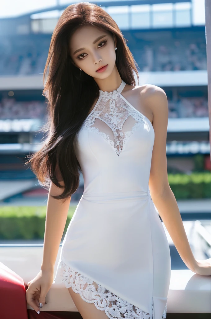 Tzuyu 1, woman, (realistic), (hyper realism), (photorealistic), Depth of the bounds written, eye make up:0.9, (whole body:1.2), (tight waist), looking at the viewer,at the racing track, lace queen, Sexy dress with open shoulders and chest