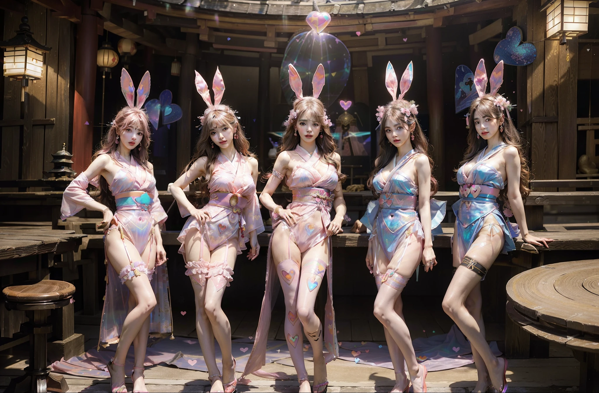 masterpiece,highest quality,ultra high resolution,(three women:1.5),(25 years old:1.2),stupid solution, Super detailed,(realistic:1.4,),(Twelve gods:1.4),(Background of the inside of the temple:1.4),(pastel pink theme:1.4),(mandala:1.5),(Japanese god:1.5 ),(Medieval Japanese Armor:1.5),(日本のkimono:1.5),(God's garment:1.4),(heart earrings:1.5),(kimono:1.4),(big breasts:1.4),(long hair:1.4),(Bunny girl:1.3),(Hologram costume:1.4)
