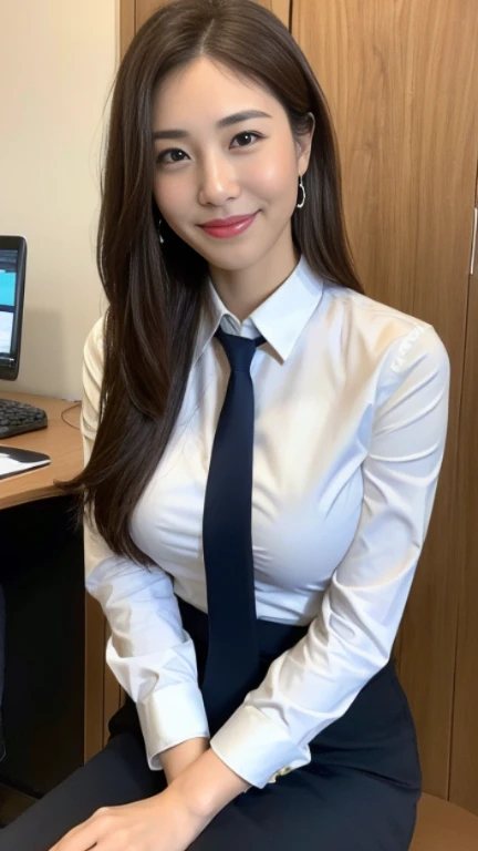 ((highest quality, 8K, masterpiece, portrait: 1.3)), (looking at the viewer), (full shot:0.85), attractive business mature woman, 1 person, a little chubby:0.35, white collared shirt, gray skirt,((big breasts 1.6)) (big pelvis:0.3), (officeの机にあぐらをかいて座っている)), smile:0.2, president'office,good posture、