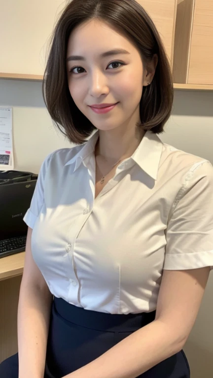 ((highest quality, 8K, masterpiece, portrait: 1.3)), (looking at the viewer), (full shot:0.85), attractive business mature woman, 1 person、 white collared shirt, gray skirt,((big breasts 2.2)) (big pelvis:0.3),((Plump 2.0))、 (officeの机にあぐらをかいて座っている)), smile:0.2, president'office,good posture、Brown medium hair、gentle smile、office、In the office、