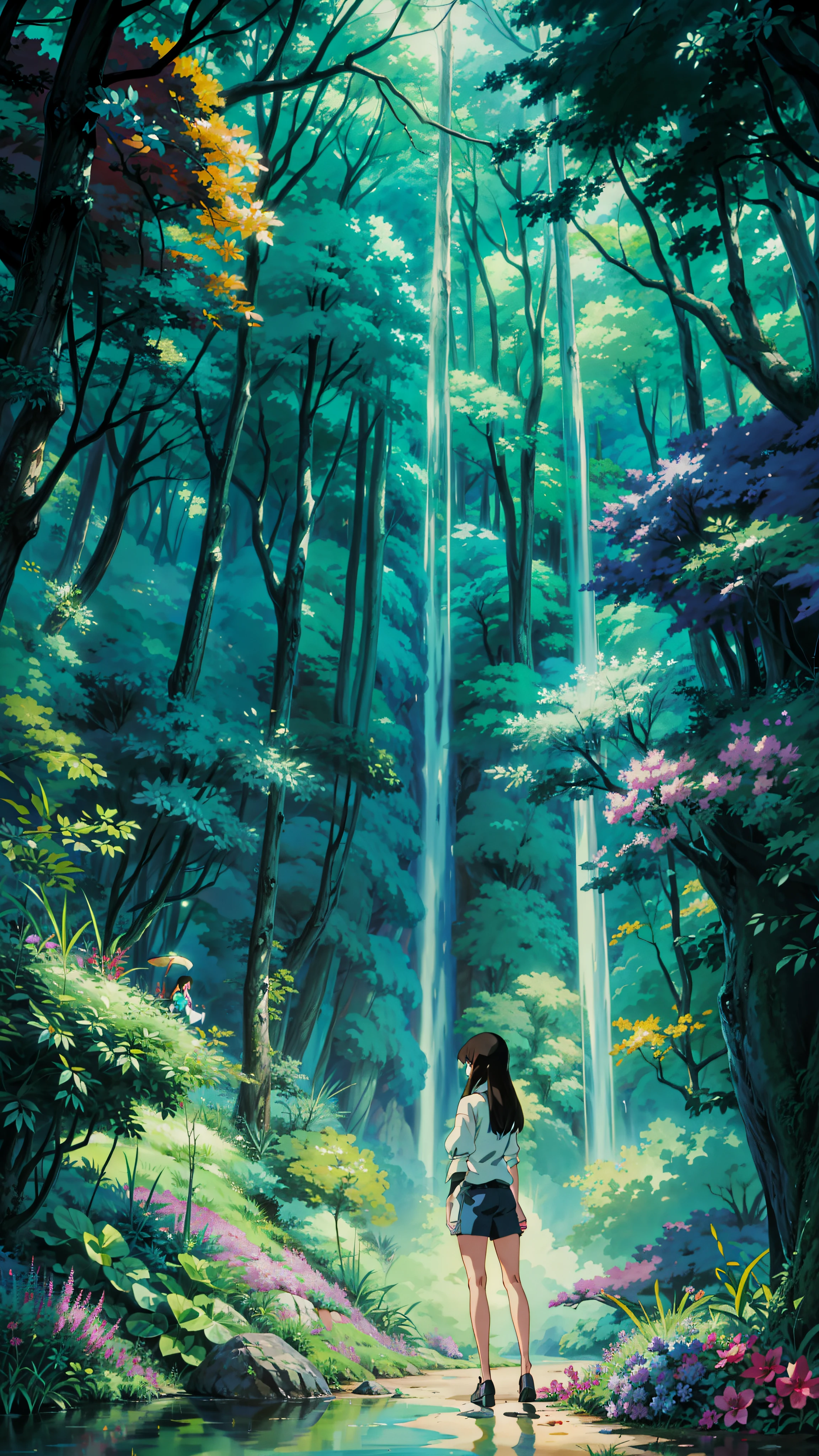 a woman standing in the middle of a forest, overgrowth. by makoto shinkai, makoto shinkai. high detail, anime. by makoto shinkai, by Makoto Shinkai, by makoto shinkai, style of makoto shinkai, dreamy psychedelic anime, makoto shinkai. —h 2160,  4k hd,, beautiful art uhd 4 k, a beautiful artwork illustration, beautiful digital painting, highly detailed digital painting, beautiful digital artwork, detailed painting 4 k, very detailed digital painting, rich picturesque colors, gorgeous digital painting