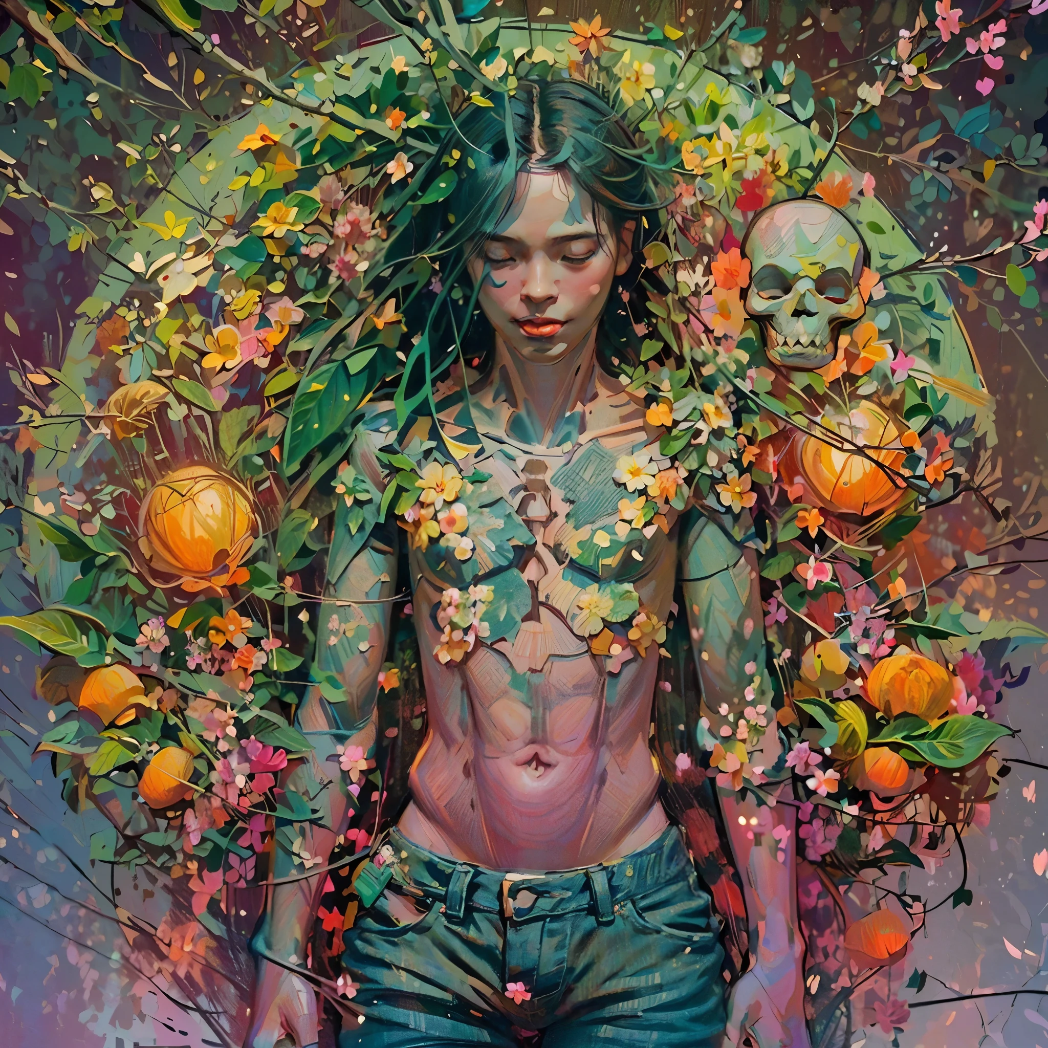 ((Modern metropolis in colors, cybernetic landscape in colors)). ((1 guy with an open face), (full height, slim muscular)).((young long black hair), (green:1.5, orange:1.1, white:1.3, yellow: 1.3 ), (rapper with dreadlocks), (tattoos), (naked parts of the body), (down jacket: 1,2), (Jacket on a naked body, torso, abs), (stylish jeans)). ((skulls, flowers, fruits),(fractal, Cherry blossoms, green leaves, Fog, background of circles)).((Ideal, beautiful), (pictorial background, broad strokes, attention to detail of the figure, flowers)). ((background octane render trending on artstation), (8k fine art photography, photorealistic concept art), (soft natural volumetric cinematic perfect light, chiaroscuro, award-winning photography), (masterpiece)).