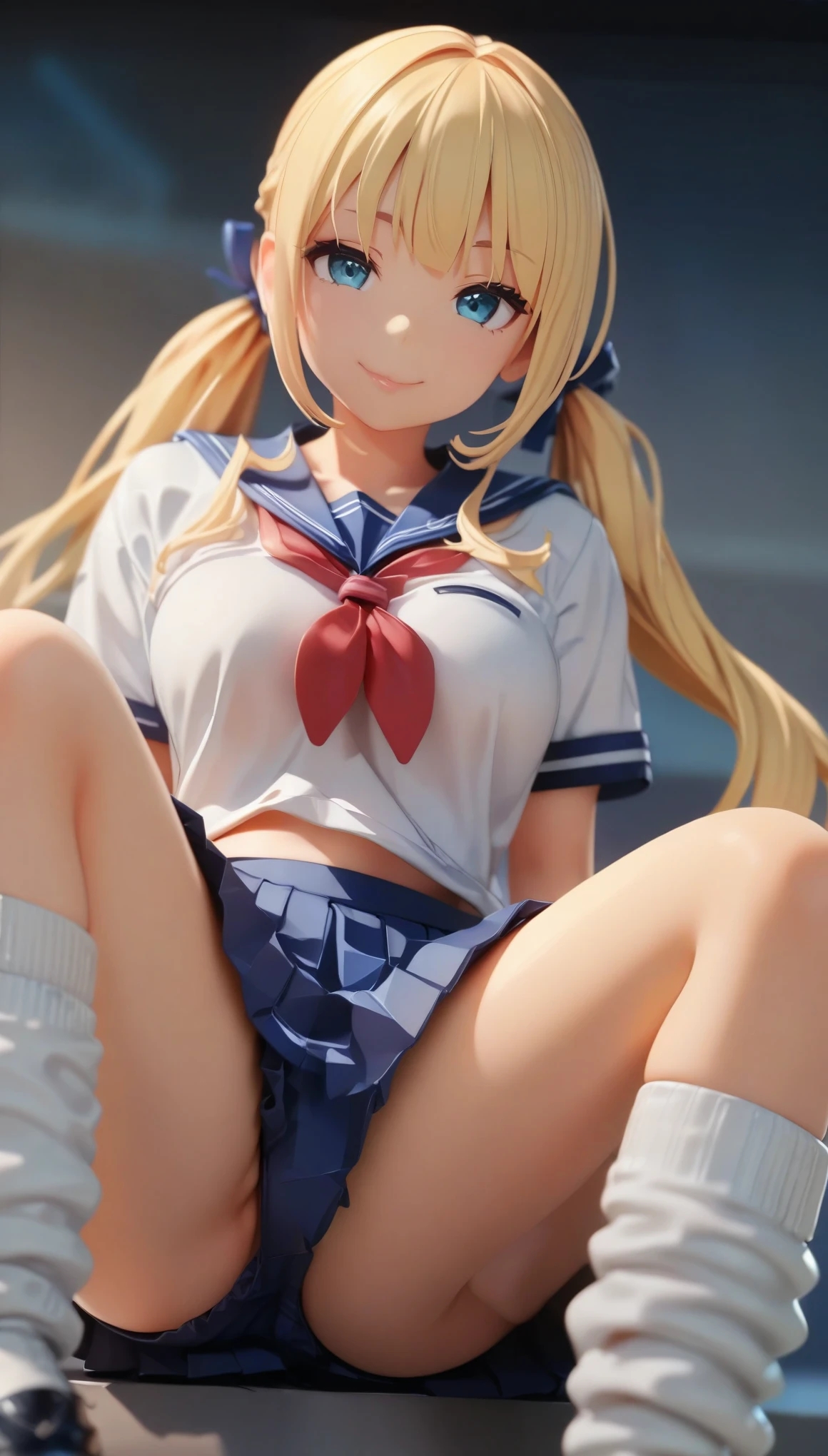 (highest quality, 4k, 8K, High resolution, masterpiece:1.2), Super detailed, PVC Style, (1 person, jk, , sailor suit, pleated skirt, mini skirt, navy blue bloomers, loose socks), (smile), glossy lips, soft lips, view audience, blonde, twin tails, cute, genuine, young beauty, close-up shot of face,