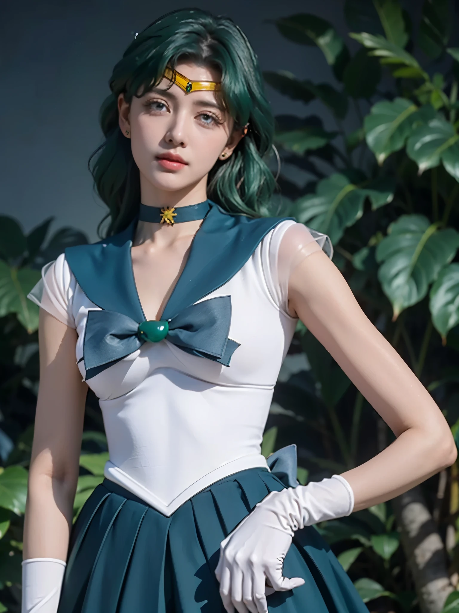 city background ((HD Real, Sama1 level)), extreme real, masterpiece, best quality, high quality, Sama1, space, amazing beauty, upper body shot, 1 girl, chest, Gloves, Lips, alone, Sailor Neptune, aqua blue eyes, uniform, See more1, tiara, 세일러 센시 uniform, (RAW photos, best quality), masterpiece, Floating dark green hair, Green Sailor Color, curtsey, choker, 흰 Gloves, green choker, elcurtsey gloves, bijouterie, earring, green skirt, Outsole, whole body, dark green medium hair, (perfect hands): 3.8, octane rendering, Goddess of the Sea, (enlargement: 1.2) beautiful eyes in detail, enlargement, small eyes, look at the viewer, to8 contrast style, octane line art, space background, Neptune, sea effect, green, soft smile, Squint your eyes with a smile, hands down, earth background,masterpiece, 4K, very detailed, enlargement, 1 girl, Sailor Neptune, aqua blue eyes, 짙은 green 머리카락, medium hair, (Sailor Neptune uniform:1.1), plea skirt, curtsey, dynamic pose, best quality, masterpiece, high resolution, intricate details, (realistic)), photography, earring, bijouterie, 흰 Gloves, 중간 chest, whole body, 흰 Gloves, sailor collar, Sailor Neptune, clean skin,enlargement, 1 woman, Sailor Neptune, aqua eye, 짙은 green 머리카락, medium hair, (세일러 센시 uniform:1.1), pleated skirt, curtsey, dynamic posture, dynamic background, , best quality, masterpiece, high resolution, intricate details, (( realistic )), of the photo, earring, bijouterie, 흰 Gloves, 중간 chest, whole body, 흰 Gloves, sailor collar