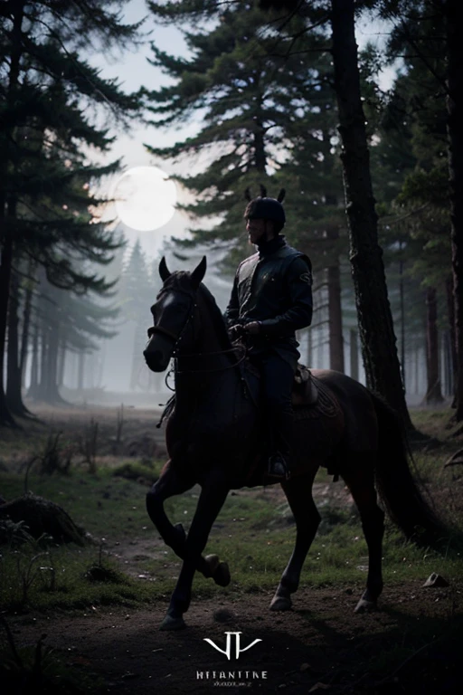 cover photo with a dark forest background, with a silhouette of a man on a giant horse with warriors kit walking through the trees, with the moon shining above them? The title of the book: the mysterious immortal world can be written in a bold, fantasy-style font, and the author's name: Israel the, elegant font below. How does that sound?