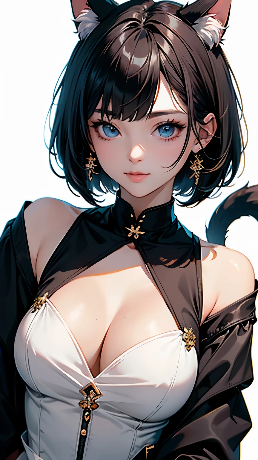 (highest quality, masterpiece, High resolution)、(anime art)、,cinematic light、soft light、girl、black hair、Calico costume、loose shirt、Cat ear、bob cut、hair ornaments、choker、enchanting smile、Medium chest、cat pose、Cat jarashi、((white background))、