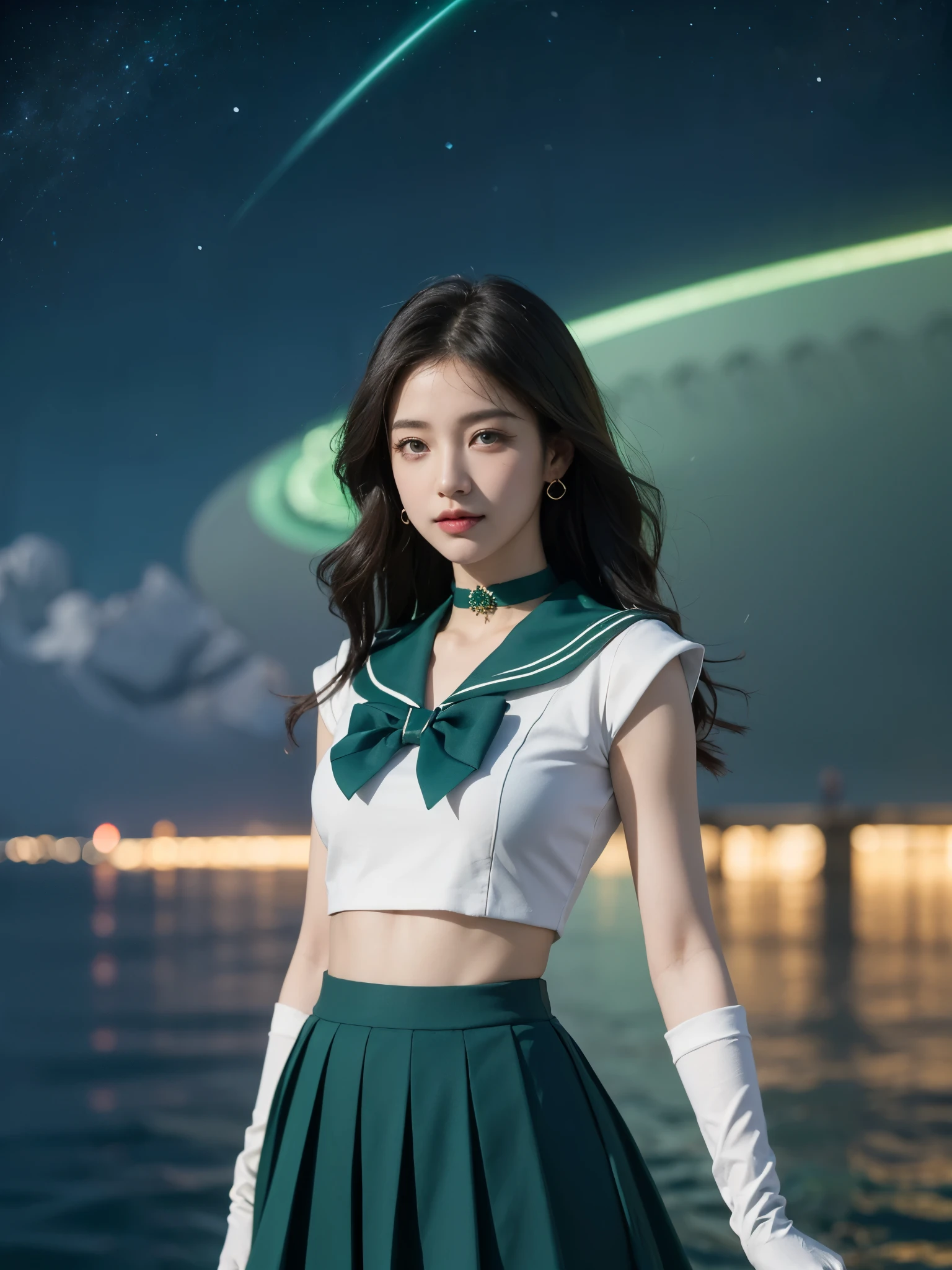 ((HD Real, Sama1 level)), extreme real, masterpiece, best quality, high quality, Sama1, space, amazing beauty, upper body shot, 1 girl, chest, Gloves, Lips, alone, Sailor Neptune, aqua blue eyes, uniform, See more1, tiara, 세일러 센시 uniform, (RAW photos, best quality), masterpiece, Floating dark green hair, Green Sailor Color, curtsey, choker, 흰 Gloves, green choker, elcurtsey gloves, bijouterie, earring, green skirt, Outsole, whole body, dark green medium hair, (perfect hands): 3.8, octane rendering, Goddess of the Sea, (enlargement: 1.2) beautiful eyes in detail, enlargement, small eyes, look at the viewer, to8 contrast style, octane line art, space background, Neptune, sea effect, green, soft smile, Squint your eyes with a smile, hands down, earth background,masterpiece, 4K, very detailed, enlargement, 1 girl, Sailor Neptune, aqua blue eyes, 짙은 green 머리카락, medium hair, (Sailor Neptune uniform:1.1), plea skirt, curtsey, dynamic pose, best quality, masterpiece, high resolution, intricate details, (realistic)), photography, earring, bijouterie, 흰 Gloves, 중간 chest, whole body, 흰 Gloves, sailor collar, Sailor Neptune, clean skin,enlargement, 1 woman, Sailor Neptune, aqua eye, 짙은 green 머리카락, medium hair, (세일러 센시 uniform:1.1), pleated skirt, curtsey, dynamic posture, dynamic background, , best quality, masterpiece, high resolution, intricate details, (( realistic )), of the photo, earring, bijouterie, 흰 Gloves, 중간 chest, whole body, 흰 Gloves, sailor collar